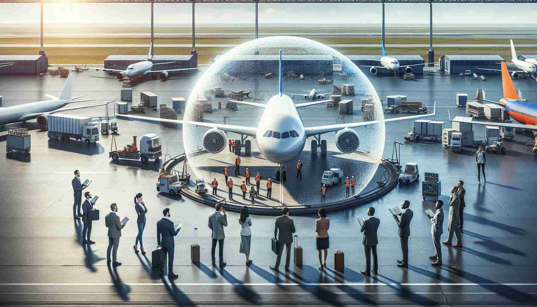 An HD depiction of a creative insurance solution being visualized in the aviation industry. The scene unfolds at a bustling airport with various types of aircraft on the ground. A transparent bubble-like shield symbolizes the insurance solution, enveloping a large commercial airplane. People of diverse professions related to aviation and insurance, like a Caucasian male flight engineer, a Hispanic female insurance agent, a Black male aircraft maintenance worker, and a Middle-Eastern female ground controller, all observing the display with intrigue and discussing the model.