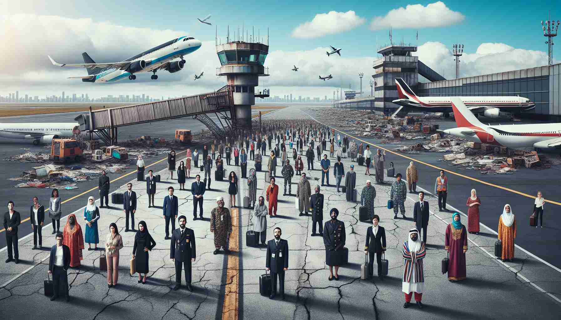 Create a high definition image that symbolizes the concerns over the oversight and safety of aviation in developing nations. The image might include a rundown airport, with rusting control tower equipment, cracked runways, and outdated airplanes. Mixed in could be visual indications of concern and worry expressed by the diverse range of malet and female staff and passengers from different descents such as Caucasian, Black, South Asian and Middle-Eastern. No people should be portrayed in an offensive manner and the scene should remain respectful and serious.