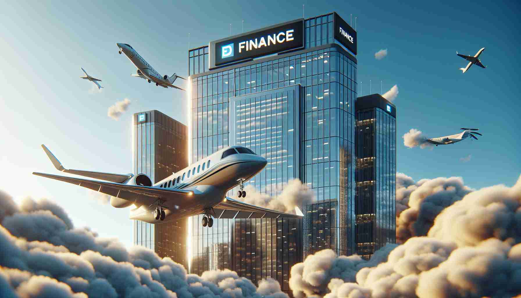 Visualize a realistic HD image of a thriving finance company that specializes in aviation. Picture this: a modern skyscraper with signage displaying the company logo, set against a blue sky with a few fluffy clouds. Nearby, a private airplane descends for a landing. The plane is immaculate, shining under the sun, emblazoning the company's image as a rising player in the financial sector.
