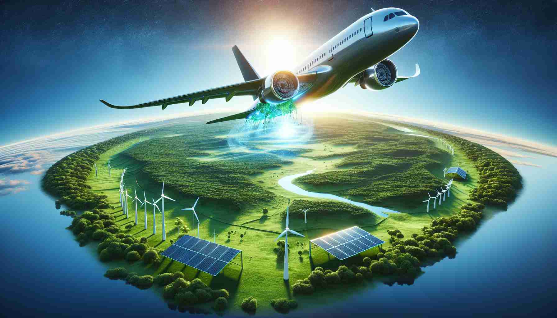 A highly detailed and realistic image representing the concept of revolutionizing aviation sustainability for a greener future. The scene could include an imaginative design of an eco-friendly, futuristic airplane soaring in the clear blue sky. Beneath the plane, there is a lush green landscape symbolizing a cleaner and healthier earth. Solar panels and wind turbines can be seen at appropriate locations on the ground, implying the use of renewable energy sources in aviation. Also, prominent on the plane design could be elements indicating the use of sustainable materials and energy-efficient technology.