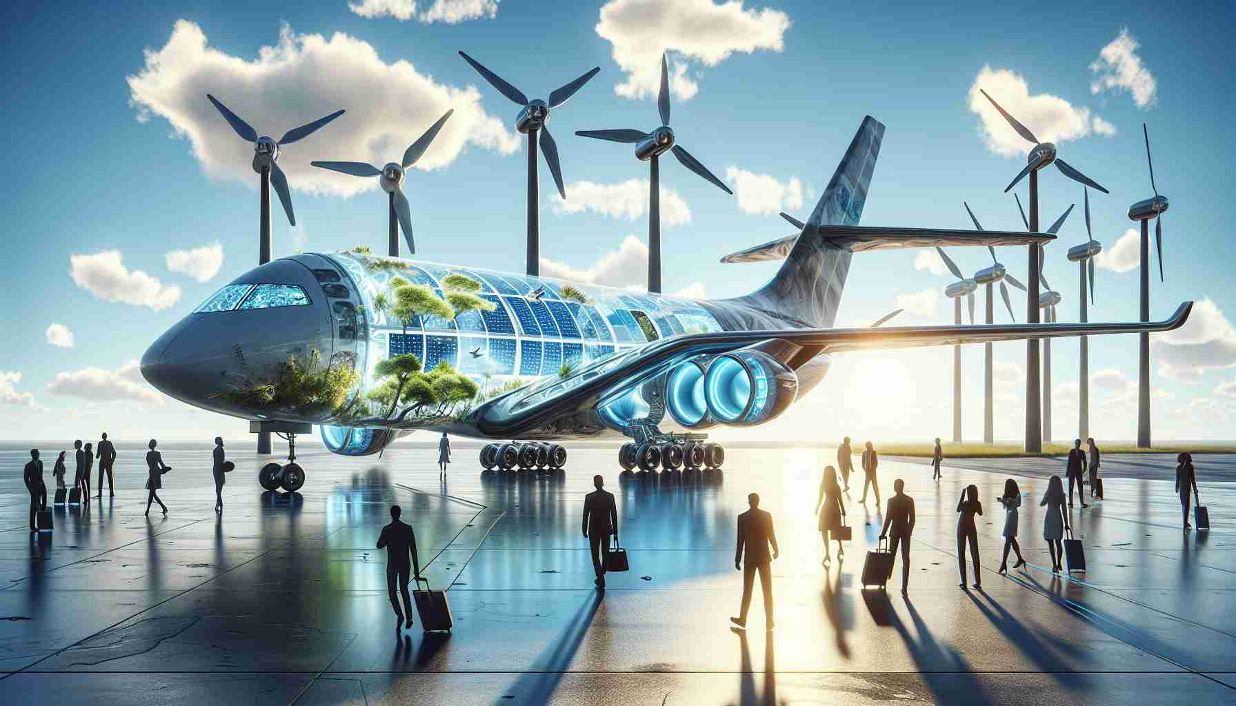 A high-definition, realistic image showcasing the revolution of aviation through innovative, sustainable solutions. This image should include a sleek, modern aircraft, uniquely designed to emphasize eco-friendliness and energy efficiency. Perhaps solar panels carefully integrated into the aircraft's wings, wind turbines that double as engines, or aerodynamic shapes that contribute to fuel efficiency. The backdrop could be a vibrant blue sky dotted with fluffy white clouds, symbolizing a clean, pollution-free atmosphere. People could also be seen interacting with the aircraft, reflecting a diverse range of genders and descents, emphasizing a global commitment to sustainable aviation.