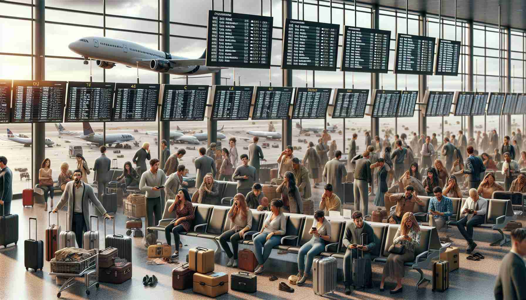 Realistic high-definition image depicting a scene of widespread travel chaos. Several passengers of different descents such as Caucasian, Hispanic, Black and Middle-Eastern, both males and females, look panicked and stressed in a bustling airport. Annunciators flicker with flight status updates and delays. The check-in desks are filled with people trying to reschedule their flights, while others anxiously hover over their mobile devices, seeking alternative arrangements. Luggage is strewn about the terminal, symbolizing the disruption in flight operations. Outside, through the large glass windows, grounded planes can be seen, depicting the scale of disruption.