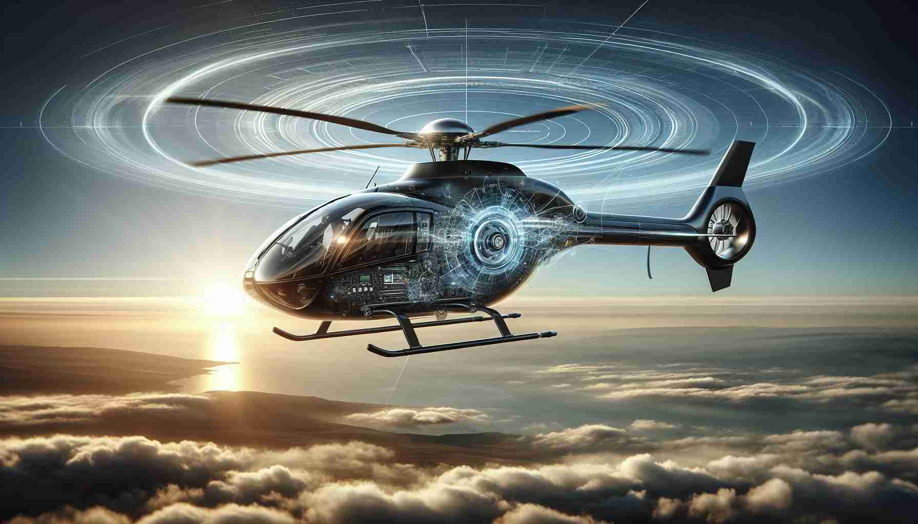 Generate a high-definition, realistic image of a revolutionary new helicopter design that represents a significant advancement in air travel. The helicopter should feature cutting-edge technologies, showcasing an aerodynamic structure, innovative propeller mechanism and futuristic control system. The background can display a clear sky indicating it in-flight.