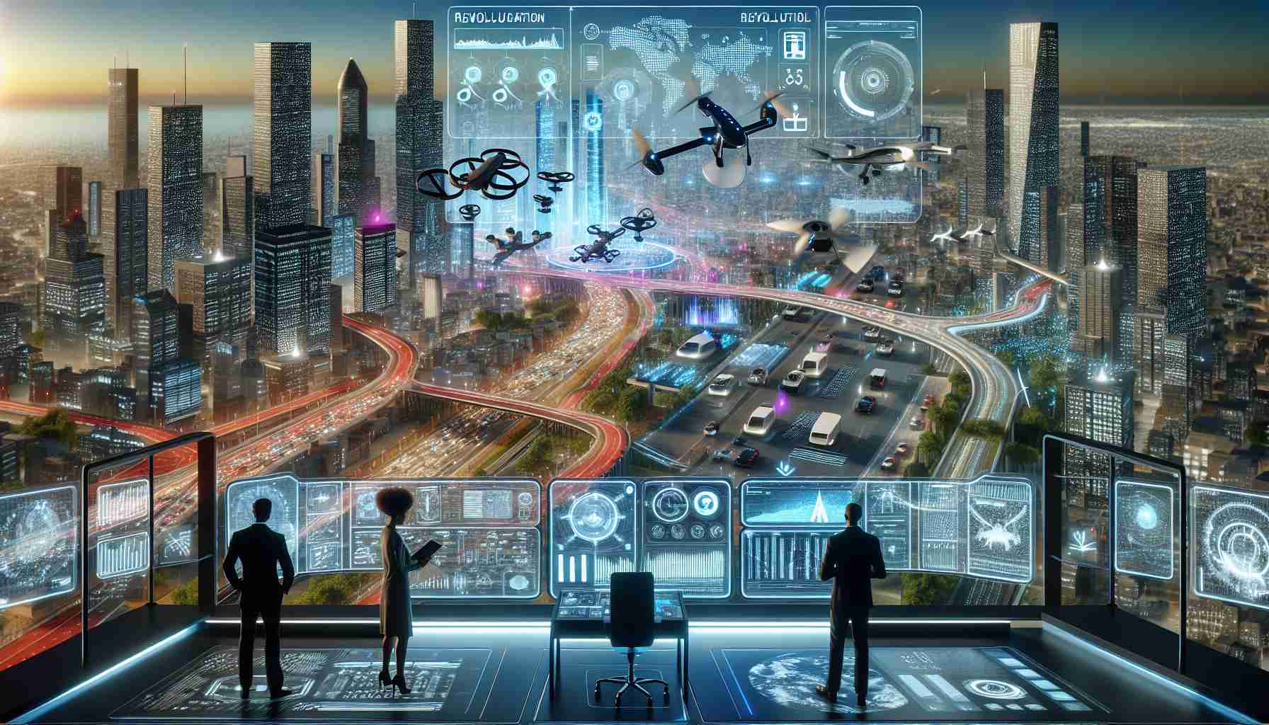 Generate a hyper realistic high-definition image exhibiting the concept of revolutionizing urban air mobility. It features advanced ground control systems, presented with sophisticated panels displaying various metrics. Reflect futuristic cityscapes with diverse traffic patterns including elevated paths, annotated with holographic interfaces for navigation. Include vibrant traffic, involving unmanned aerial vehicles (UAVs), autonomous drones for deliveries, and flying cars. Additionally, portray multi-level skyscrapers with embedded drone docks and a diverse team of engineers, with a Caucasian Male, a Black Female and a Middle-Eastern Man, actively interacting with the control systems.