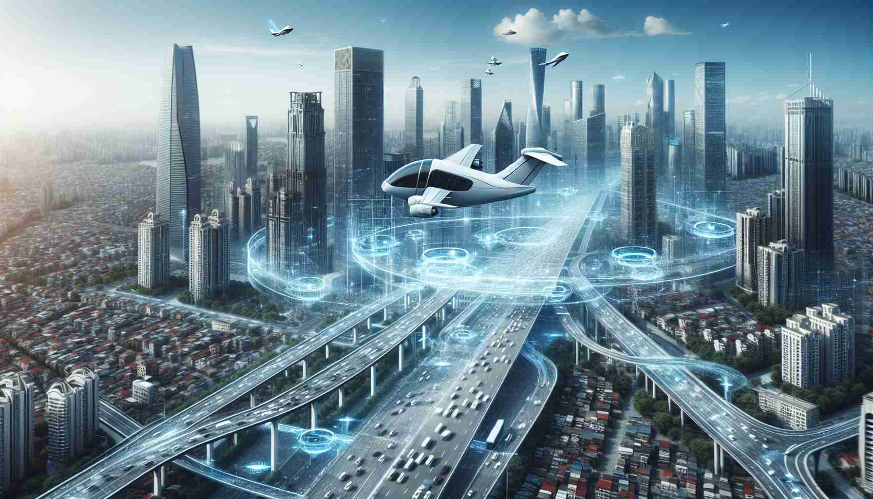 A high-definition, realistic photo depicting the futuristic concept of urban transportation being revolutionized. Represent the idea of collaboration between a traditional airline and a high-tech aviation company. Illustrate a modern city, perhaps with busy roads and towering skyscrapers, where flying vehicles, inspired by the innovation and expertise of an airline company and a modern aviation company, are seamlessly integrated into the cityscape.