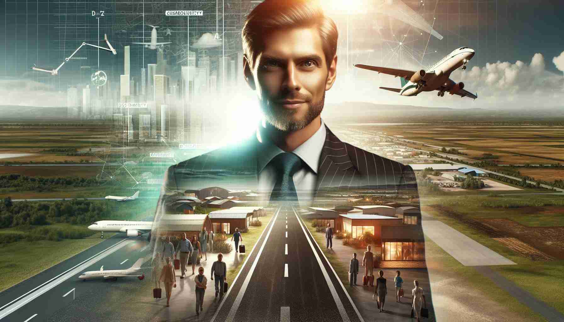 A realistic, high-definition image of a community development impact through aviation, hinted by the example of a dedicated and charismatic aviation professional. This image may include elements that represent the aviation field such as airports, airplanes, runways and some aspects of community development like improved infrastructure, new establishments, and people enjoying the benefits. The person at the forefront is a tall, charismatic man with an inspiring presence, signifying relentless commitment, vision, and leadership in the industry.