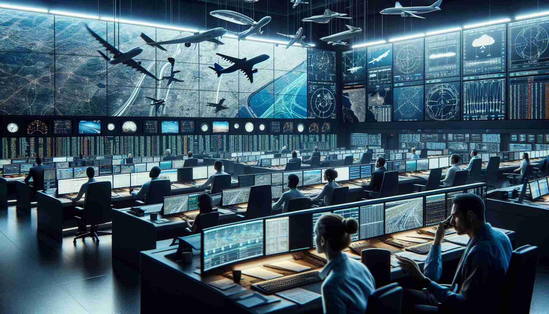 High definition, realistic image of an air traffic control room filled with state-of-the-art equipment. Show multiple monitors portraying radar signals, flight paths, and weather updates in crisp detail. A diverse group of staff is present: a Caucasian woman coordinating flights, a Black man reviewing radar screens, and a Hispanic man handling communication with pilots. They are all intensely focused, managing the ever-increasing demand of air traffic seamlessly. Numerous plane models hanging from the ceiling symbolize the variety of air traffic they handle. Picture the tension and concentration in the room.