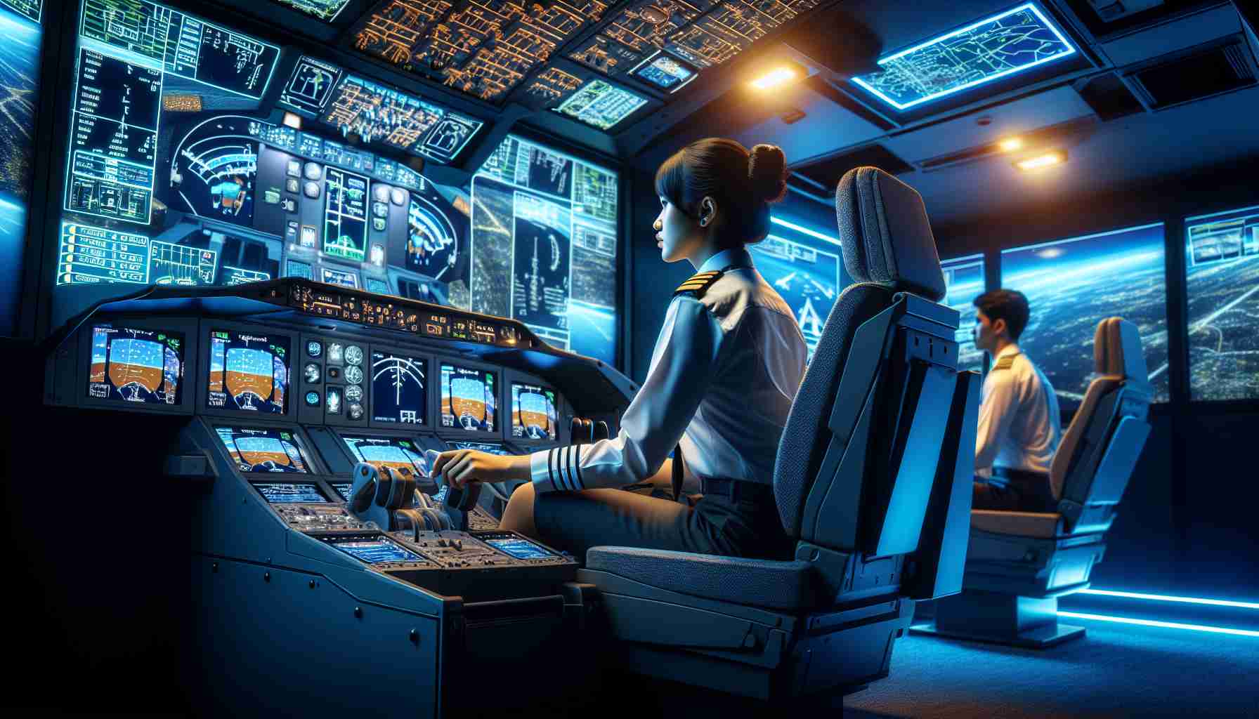 A detailed and realistic high-definition image portraying how cutting-edge technology could revolutionize pilot training. It should showcase a simulated flight environment with the cockpit of a modern airplane, complete with digital screens and navigation systems. A South Asian female pilot in her training uniform should be navigating the simulated environment, interacting with the advanced technology. Also, she should be focusing intently on the flight mission, demonstrating professionalism and diligence. The room should be dimly lit to emphasize the glow of cool blue screens, showcasing the immersive nature of the technology.