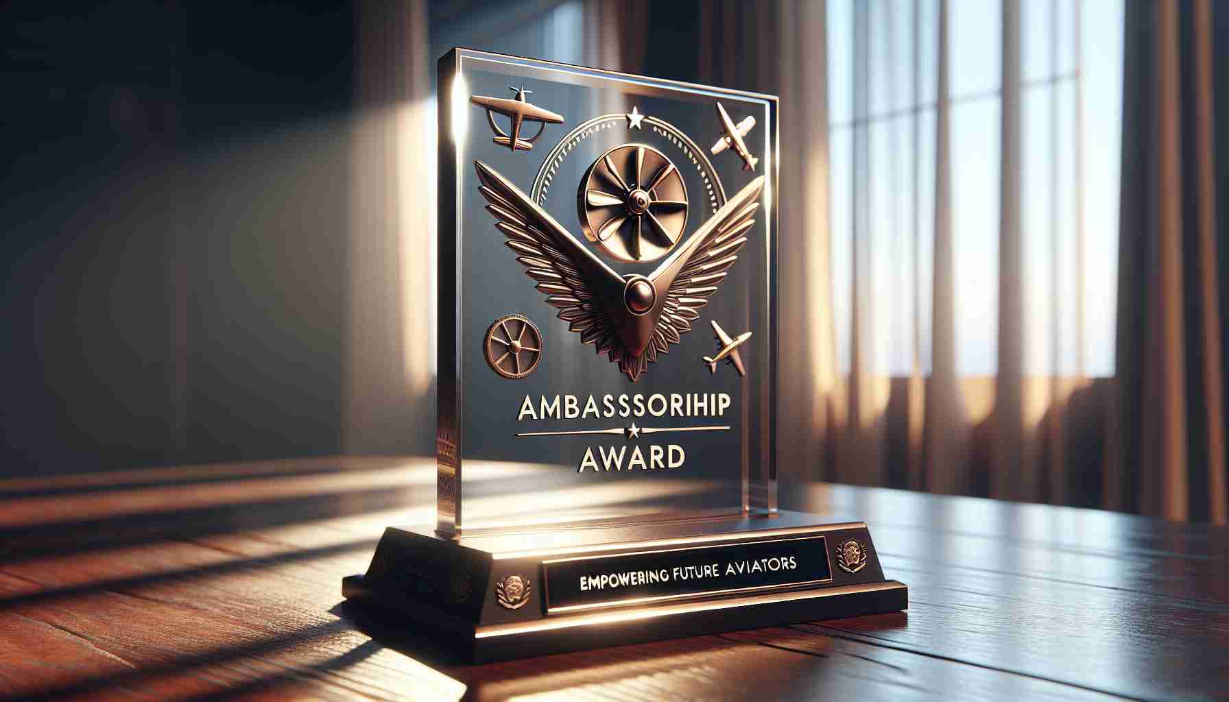 High-quality, realistic photo of an 'Ambassadorship Award' intended to empower future aviators. The award, carefully crafted, displays symbols of aviation like propellers, wings, and jet engine. It stands elegantly on a wooden desk, awash with the soft glow of ambient light. Engraved on it are the words: 'Empowering Future Aviators'. Possibly, it has a reflection of a curtain-drawn window with a clear blue sky, reinforcing the theme of aviation.