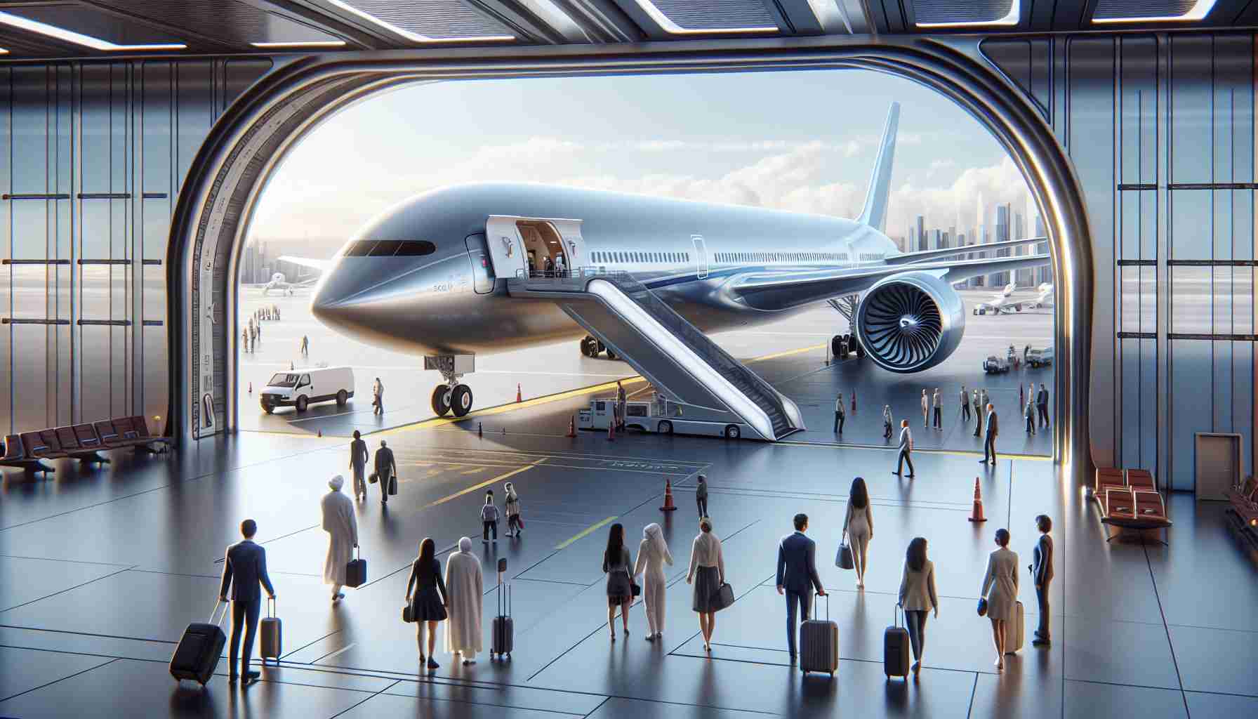 Imagine a glimpse into the future of commercial air travel. Picture a detailed, high-definition scene with a sleek, futurist aeroplane resting on the tarmac, its structure immaculate and polished, embodying state-of-the-art technology. The plane's spacious, comfortable interior is visible through large, open doors, offering a sneak peek into an airline experience that is yet to come. Anticipation is in the air, as a diverse group of passengers, including a Middle-Eastern male senior citizen, a young Caucasian woman, and a Hispanic boy, are boarding the aircraft, their faces full of excitement and curiosity.