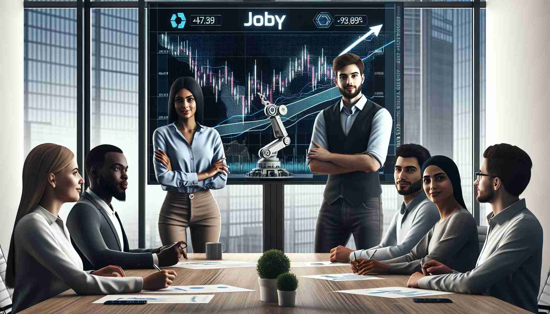 Realistic high-definition image of a business meeting in a modern office where diverse group of investors composed of a middle-eastern woman, a black man, a caucasian man and a south asian woman are expressing their confidence. They're studying charts displaying steady stock performance, projected onto a large screen. The company logo for a fictional robotics startup 'Joby Technologies' is prominently displayed on the screen. The setting conveys a sense of optimism and confidence in the company's future.