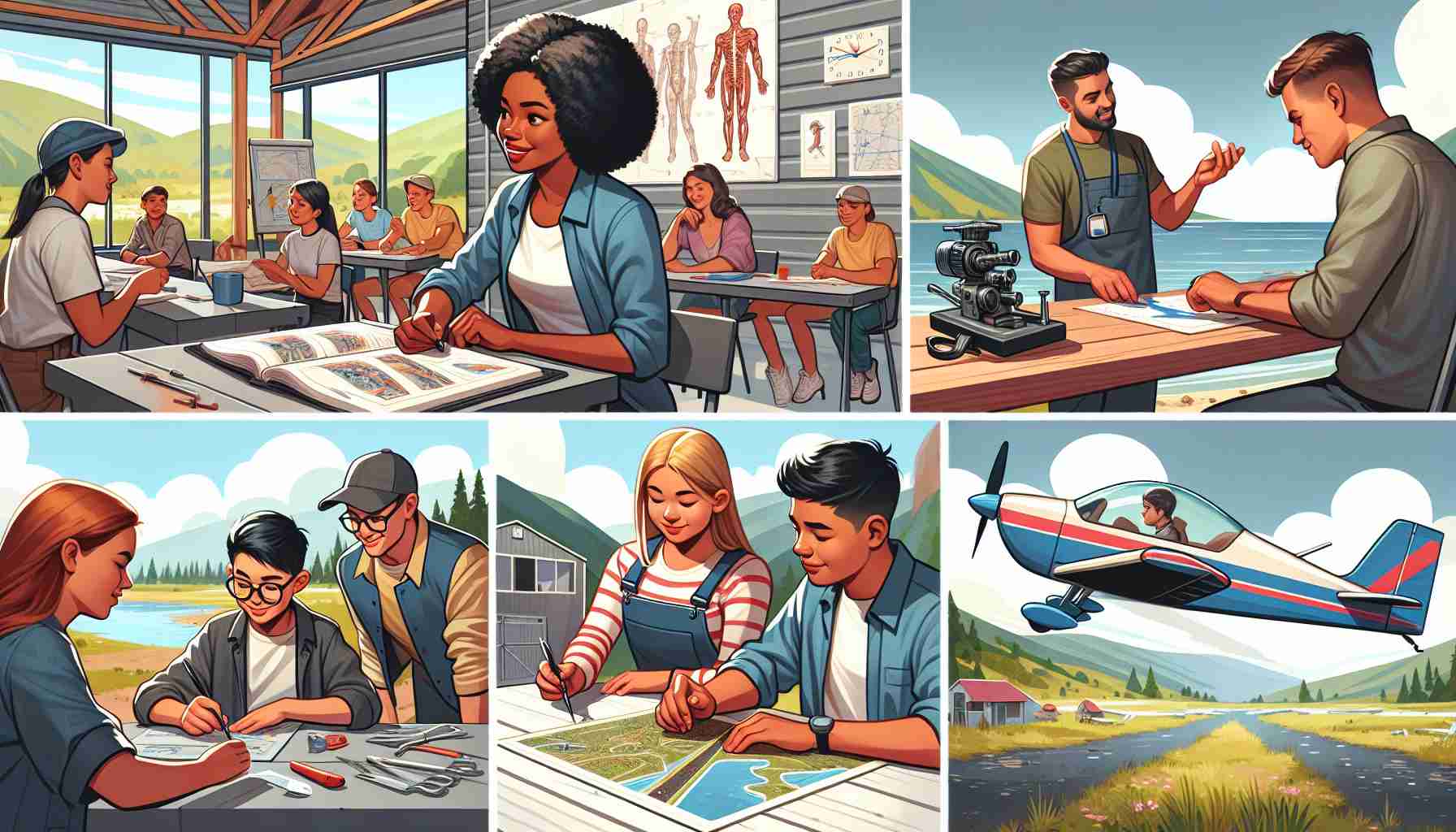 An engaging high-definition image showcasing outdoor adventures at an aviation camp. The scene features a group of people engaging in various activities related to aviation. There is an African American woman instructing a seminar on aerodynamics to a diverse group of camp participants. In another part of the camp, an Asian man is helping a Hispanic boy to assemble a model airplane. Meanwhile, a Caucasian woman is seen checking detailed maps for flying routes, and a Middle Eastern man is taking flight in a small propeller-driven plane.