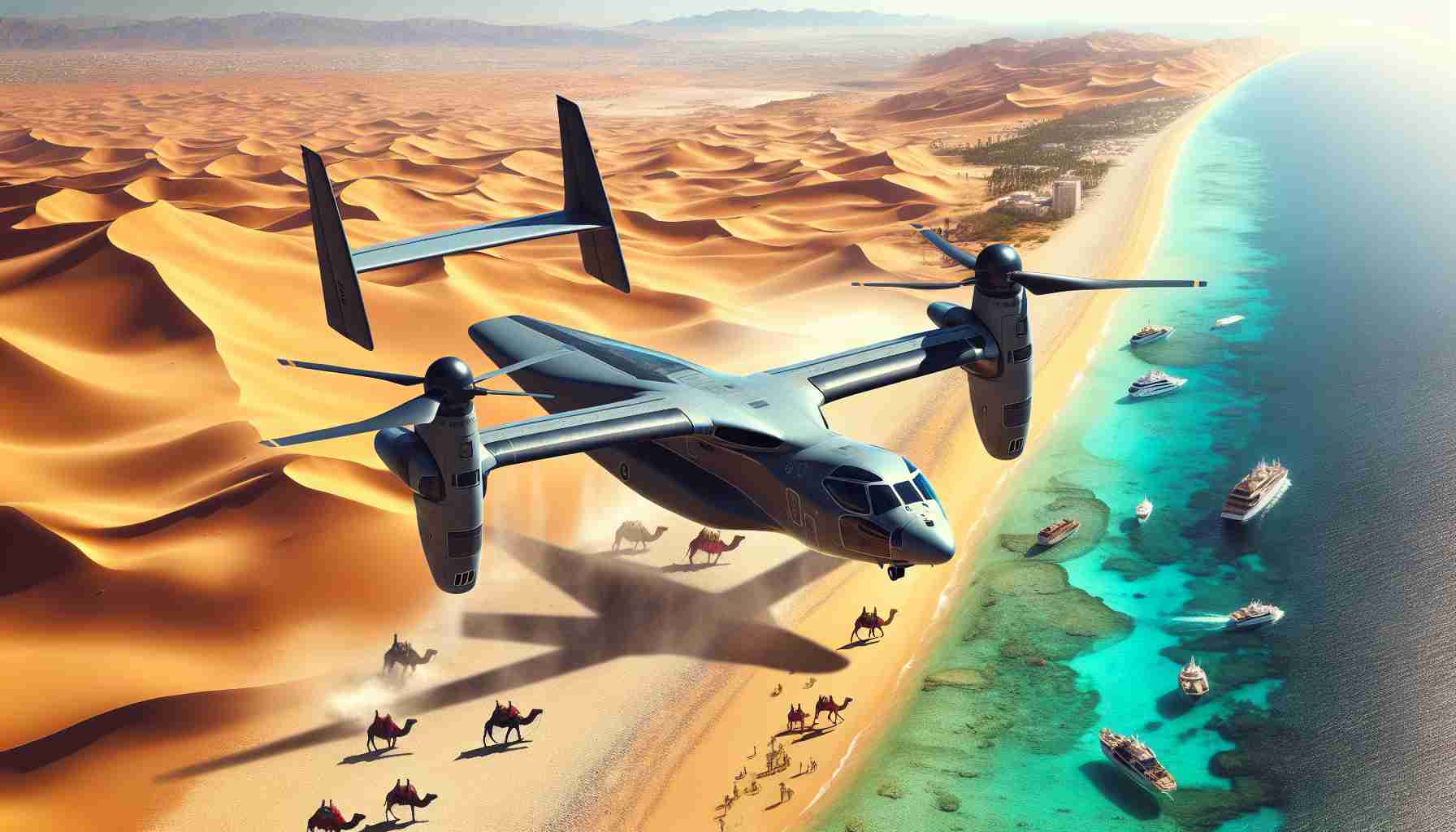 High-definition, lifelike depiction of a revolutionary vertical take-off and landing (VTOL) aircraft. The scene is set against a variance of regional backgrounds. Picture one aircraft operating over an arid Middle Eastern desert during the day, with rolling sand dunes and camels in the dessert. In contrast, visualize the same aircraft cruising over the tropical Pacific Ocean, surrounded by rich blue water, lush islands, and varying marine life.