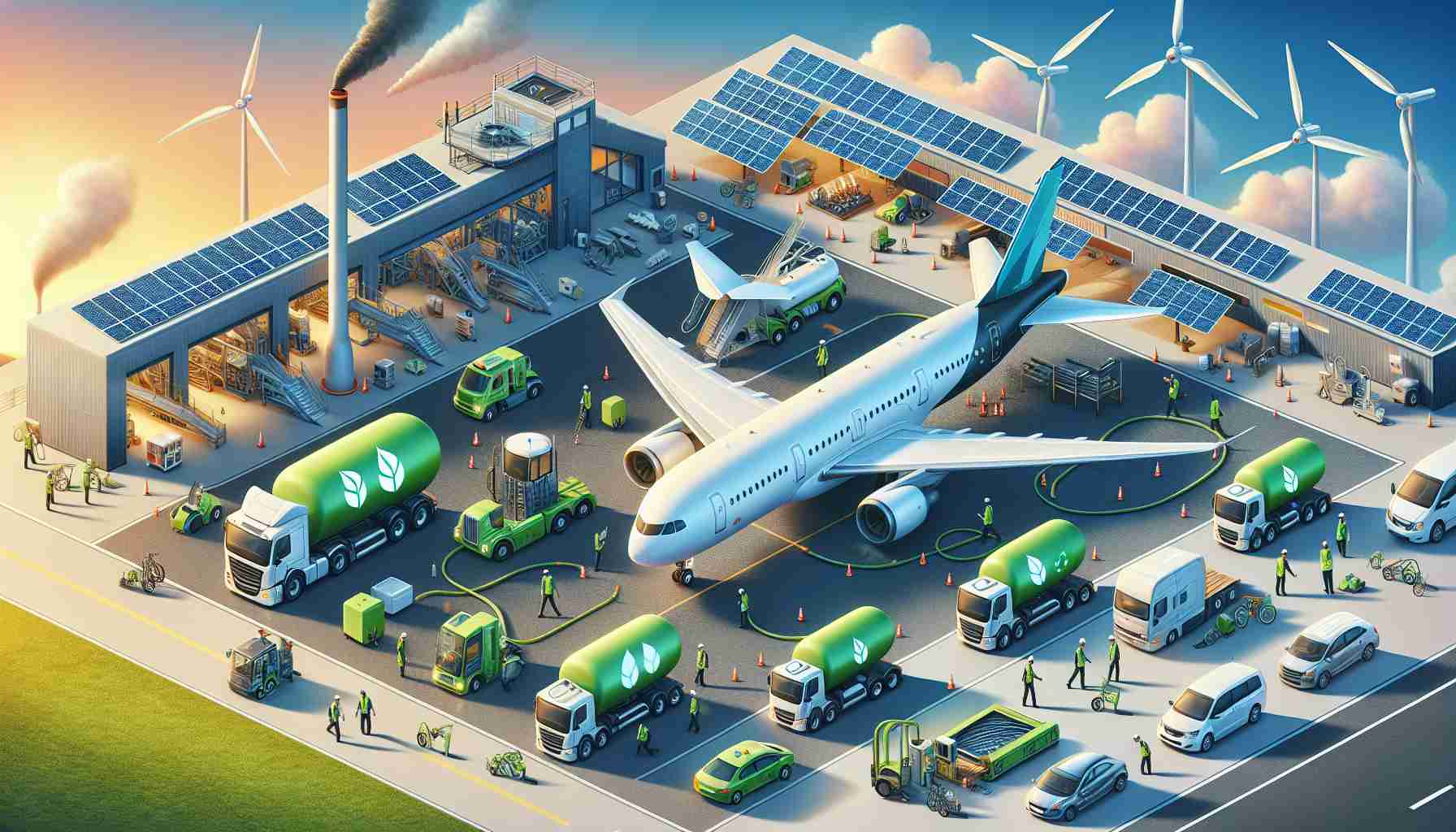 HD image of the new era of aviation focusing on reductions in carbon emissions. The scene includes newly innovated aircrafts with efficient engines emitting less smoke, fuel tanker trucks with green leaf symbols indicating eco-friendly fuel, engineers of varying descents and genders performing maintenance checks on the aircraft. Solar panels and wind turbines adorn the surroundings of the airport implying the use of renewable energy sources. All in a color-accurate, distinct, and ultra-realistic painting style.