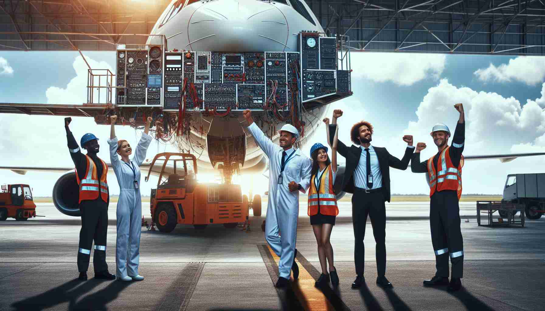 Generate a high-definition, realistic image of a significant milestone being achieved in avionics upgrade by an unspecified aviation company. The scene should capture the triumph of innovation and progress, perhaps a crew of workers – a mixed-gender team including a Caucasian male engineer, a Hispanic Female technician, and a Black male project manager – celebrating near an aircraft that is undergoing advanced avionics modifications. Details of the upgrade could be a display of new flight control systems or navigational tools. Make sure to imbue the atmosphere with a sense of achievement and technological advancement.