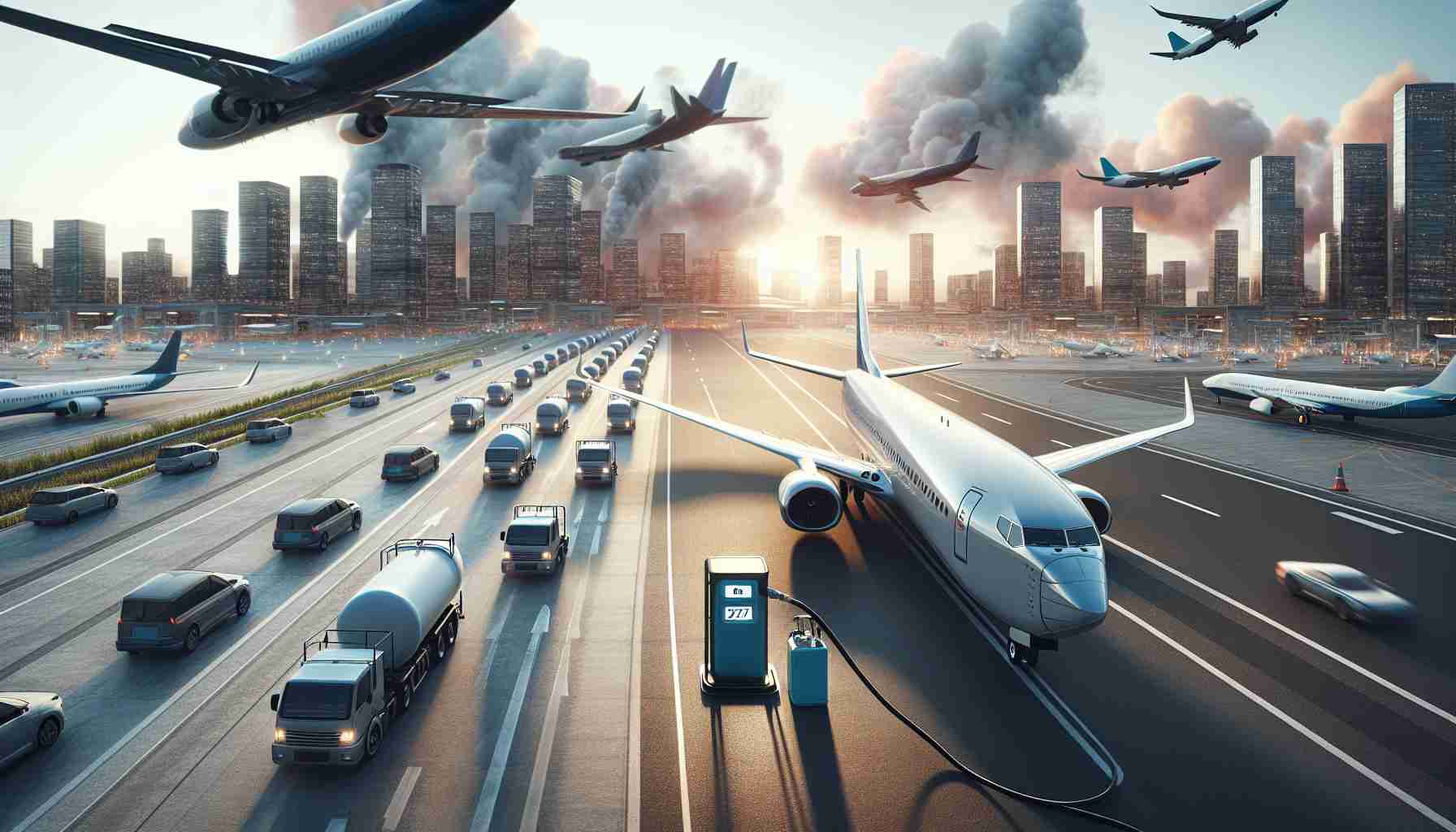 A high-definition, realistic image showcasing the advancements in sustainable aviation fuels. The foreshowing should clearly depict the impact of these developments on the airline industry. The foreground could contain eco-friendly fuel options while the background can show several airplanes, indicating an active airport scene. Direct references to any airlines should be avoided to maintain neutrality.