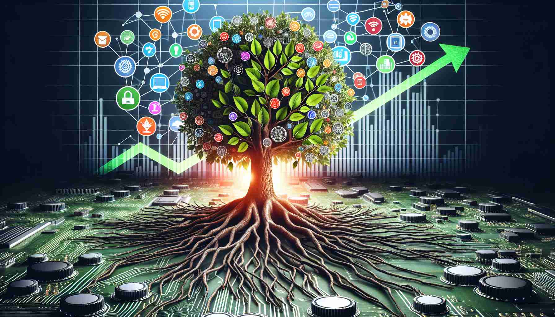 Create a realistic high-definition image depicting the symbolic representation of a company experiencing record growth in the connectivity solutions market. Show a flourishing tree with roots deeply embedded into a circuit board, standing as a metaphor for the organization. The tree should be growing robustly, with leaves made of various technological and digital icons, evidencing the surge in the market. Please also overlay a positive, upward trending line graph, in the backdrop, to clearly depict record growth.