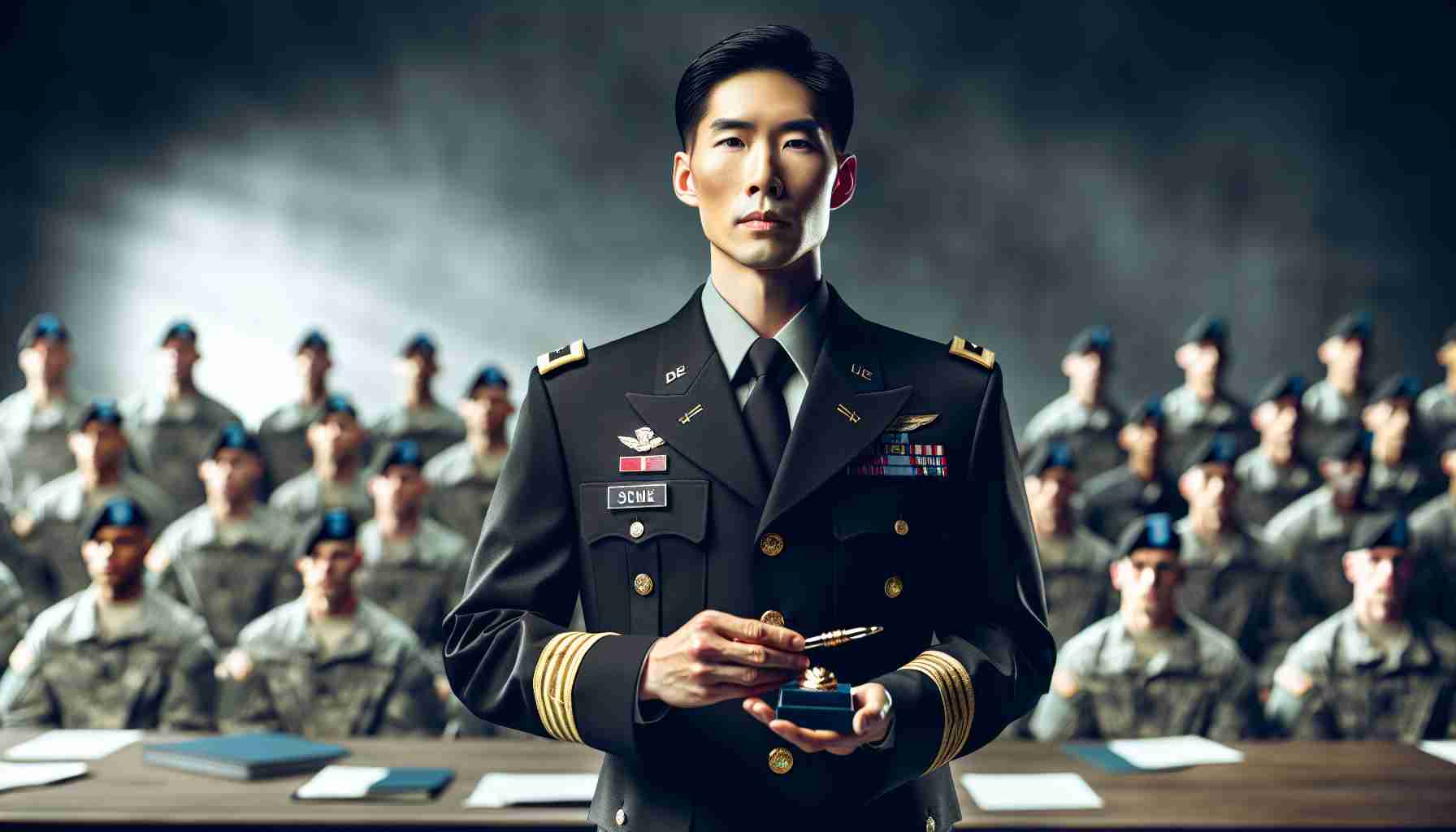 Realistic HD image of a leadership transition in a military setting. Depict an Asian male Lieutenant Colonel taking command of a new military chapter. He could be in formal military dress uniform, standing in front of an assembled troop, holding a symbolic token of authority. Emphasize the seriousness, respect, and honor associated with the occasion.