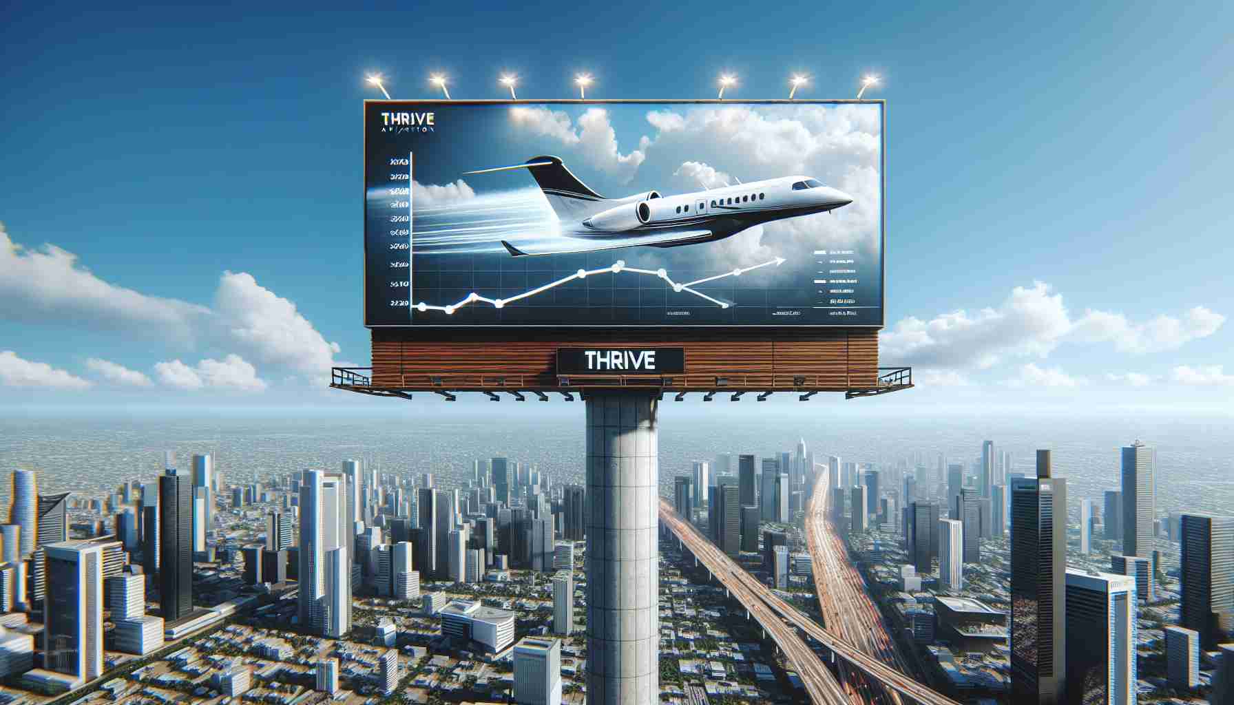 A high-definition, realistically-rendered image of a fictitious company, 'Thrive Aviation', in a prominent position in the private jet industry. The scenario can depict a prominent sky-high billboard or city-wide advertisements where the company logo and name are displayed prominently. Alongside it, there should be an illustration of a sleek, modern private jet soaring through a clear sky. It may include a line chart on a digital billboard showing 'Thrive Aviation' at the top, indicating its leading position in the industry. The setting could be a bustling city at the foot of the billboard to emphasize the predominance of the company.