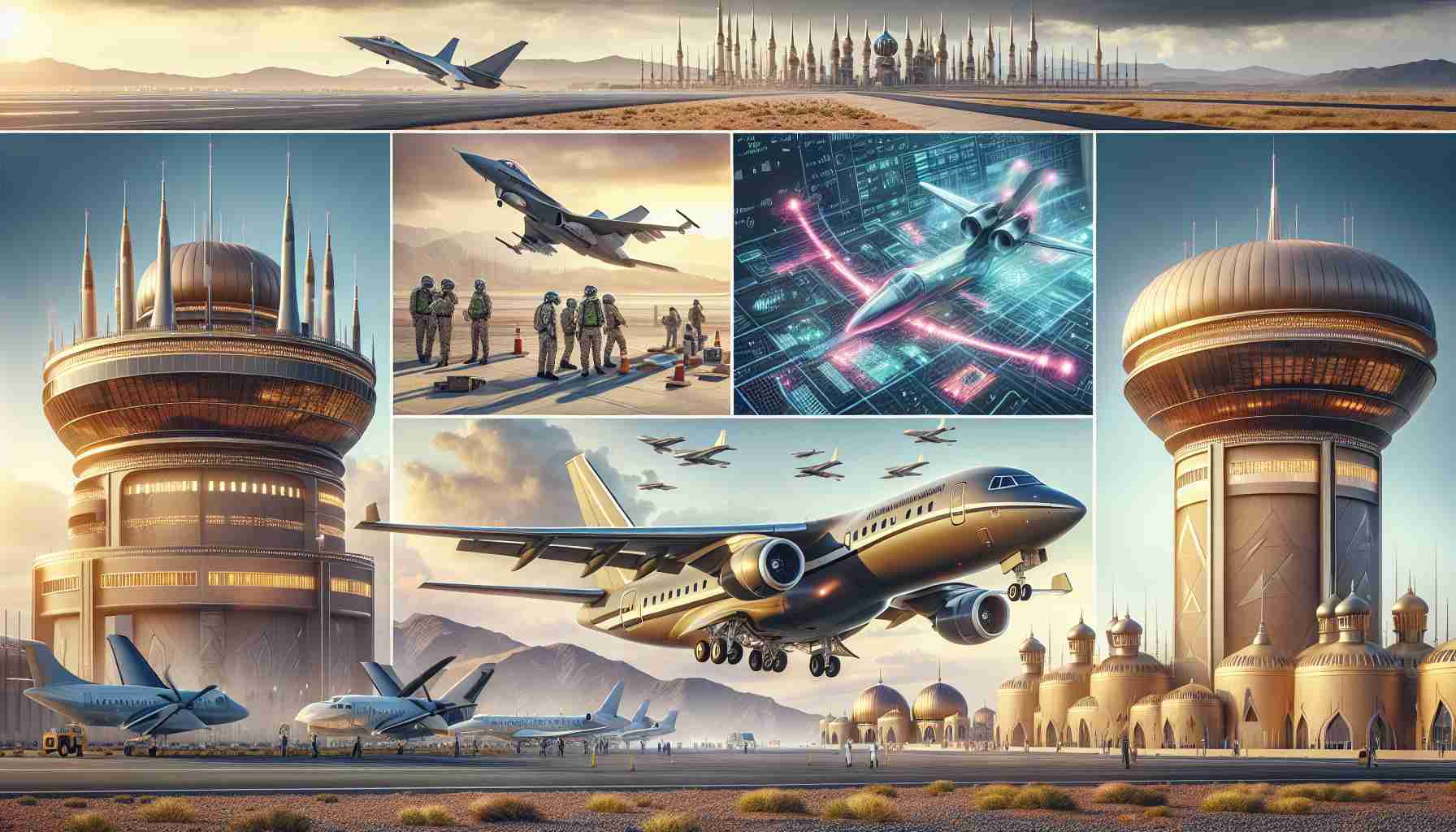 Realistically detailed high-definition depiction of innovative and groundbreaking strategies being employed in a Middle-Eastern country's aviation sector. This includes improved aircraft design demonstrating cutting-edge aerodynamics, a state-of-the-art control tower fulfilling advanced navigational purposes, and pilots in the cockpit effectively utilizing avant-garde technology in flight systems. All of these elements illustrate a revolutionary transformation in the country's aviation industry.