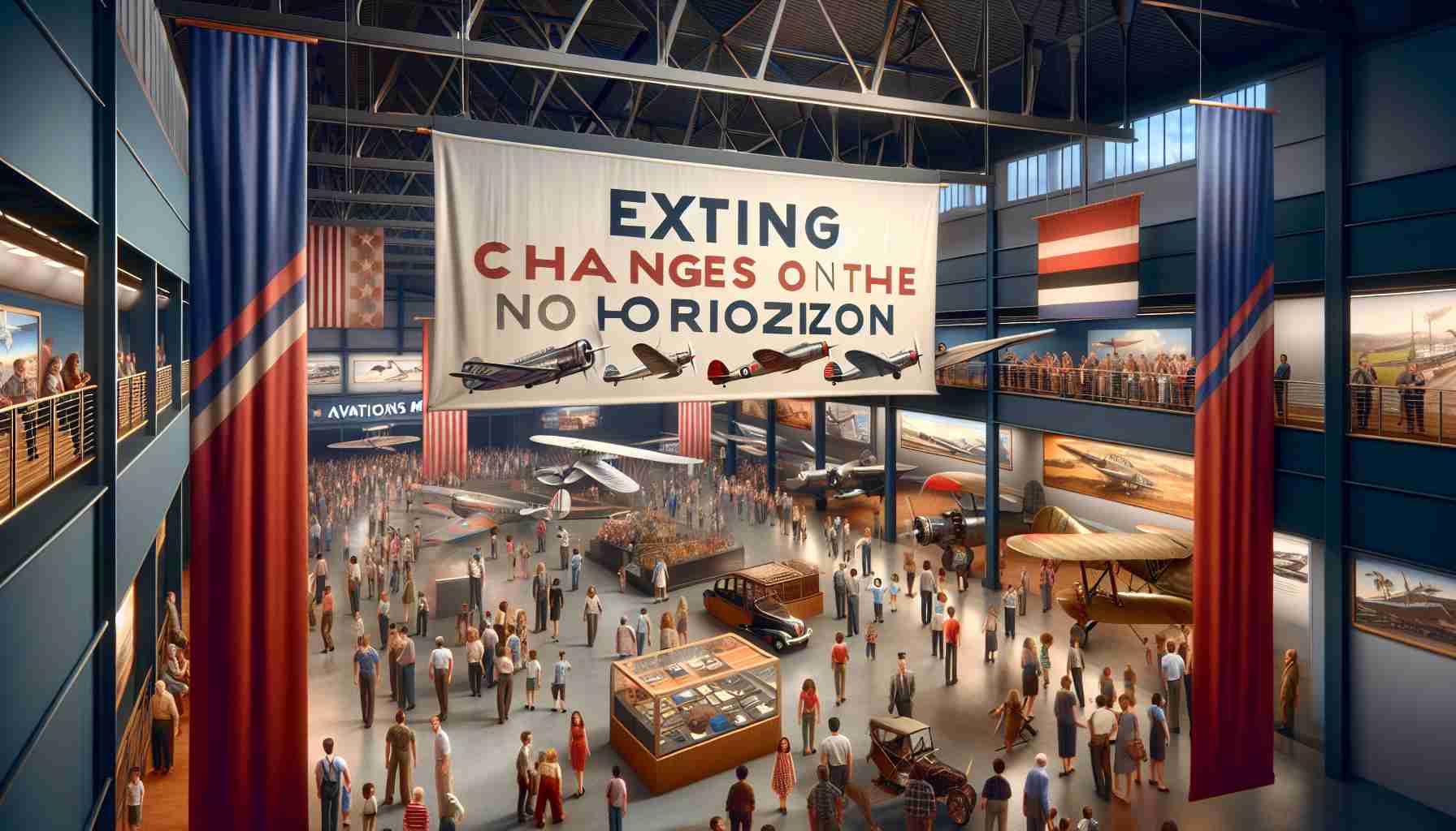 A high-definition, realistic image of a banner hanging at the entrance of an aviation museum. The banner reads 'Exciting Changes on the Horizon'. Underneath the banner, there are glimpses of vintage airplanes and gleaming new exhibits. The museum appears to be bustling with a diverse crowd of visitors including children, teenagers, and adults from various descents such as Caucasian, Hispanic, Black, Middle-Eastern, and South Asian, all equally present. The overall atmosphere captures a sense of anticipation and excitement about the changes announced at the aviation museum.