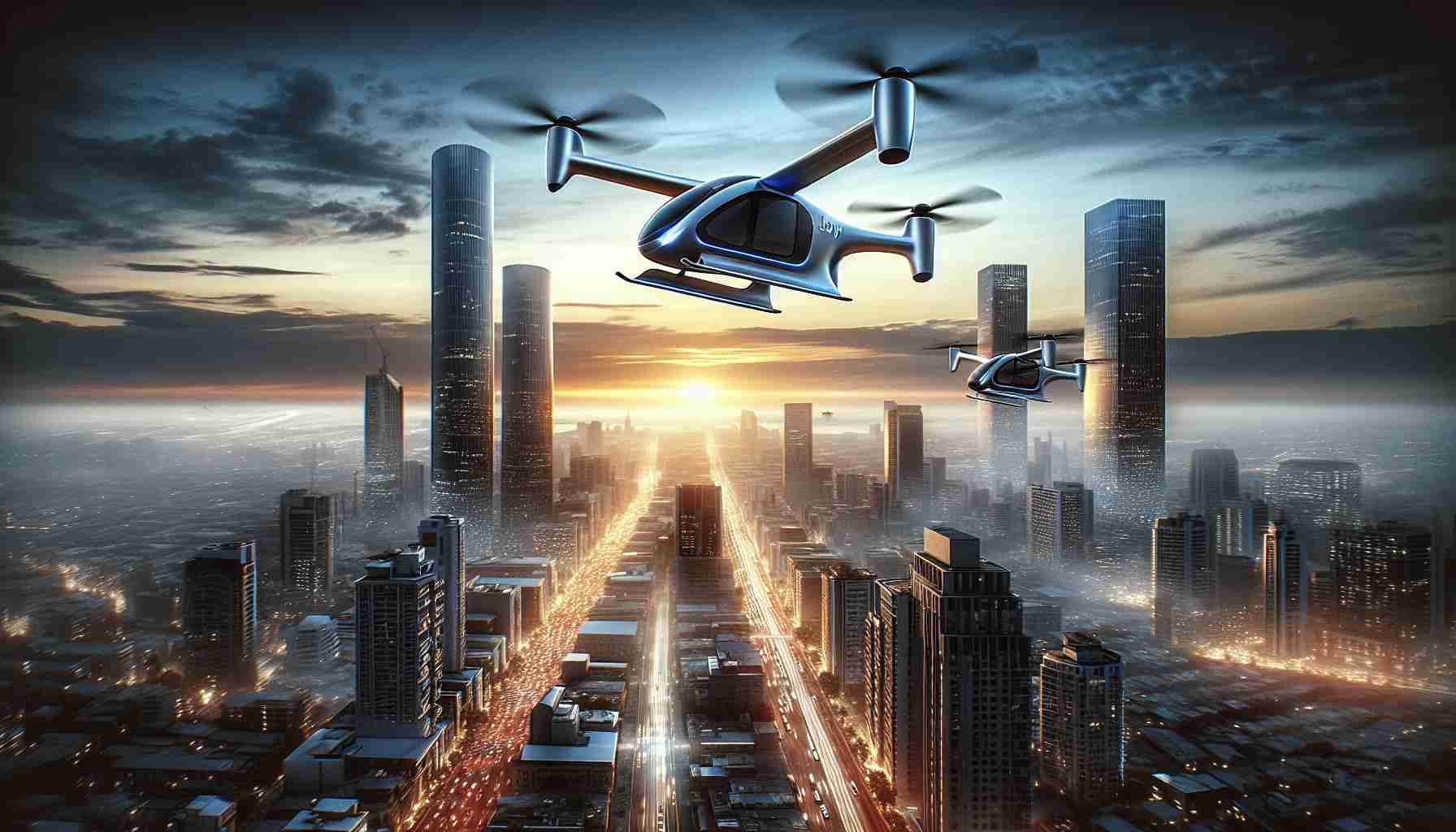 A hyper-realistic, high-definition image of an innovative shift in urban transportation. It features Joby Aviation's electric air taxis, revolutionary in design, taking to the skies against a dynamic backdrop of a bustling city. The horizon staining with the first light of day as the air taxis, sleek and futuristic in build, embark upon their aerial routes. Tall buildings stretching to touch the sky form the cityscape in the background, while streets below bustle with the energy of urban life.