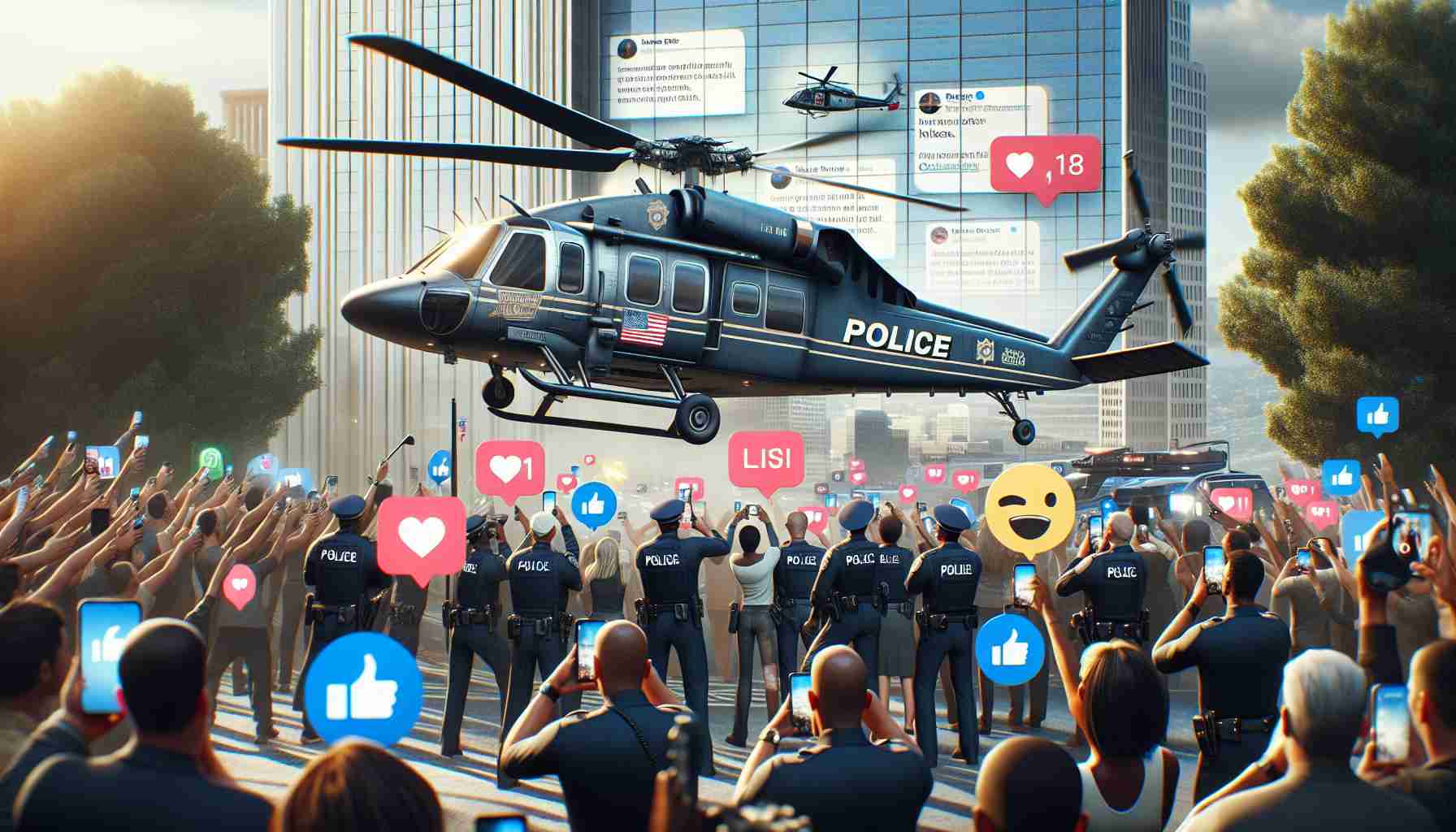 Generate a realistic high-definition image depicting a groundbreaking event on social media that showcases a Metro Air Support Unit in action. The scene should include an airborne helicopter prominently featuring law enforcement markings. Surrounding social media reactions alongside live comments popping up, emojis, and likes are present on a virtual overlay. The backdrop is a cityscape with skyscrapers. Make sure to include police personnel, a mixture of men and women of diverse descents such as Caucasian, Hispanic, Black, Middle-Eastern, and South Asian, liaising with the public and press.