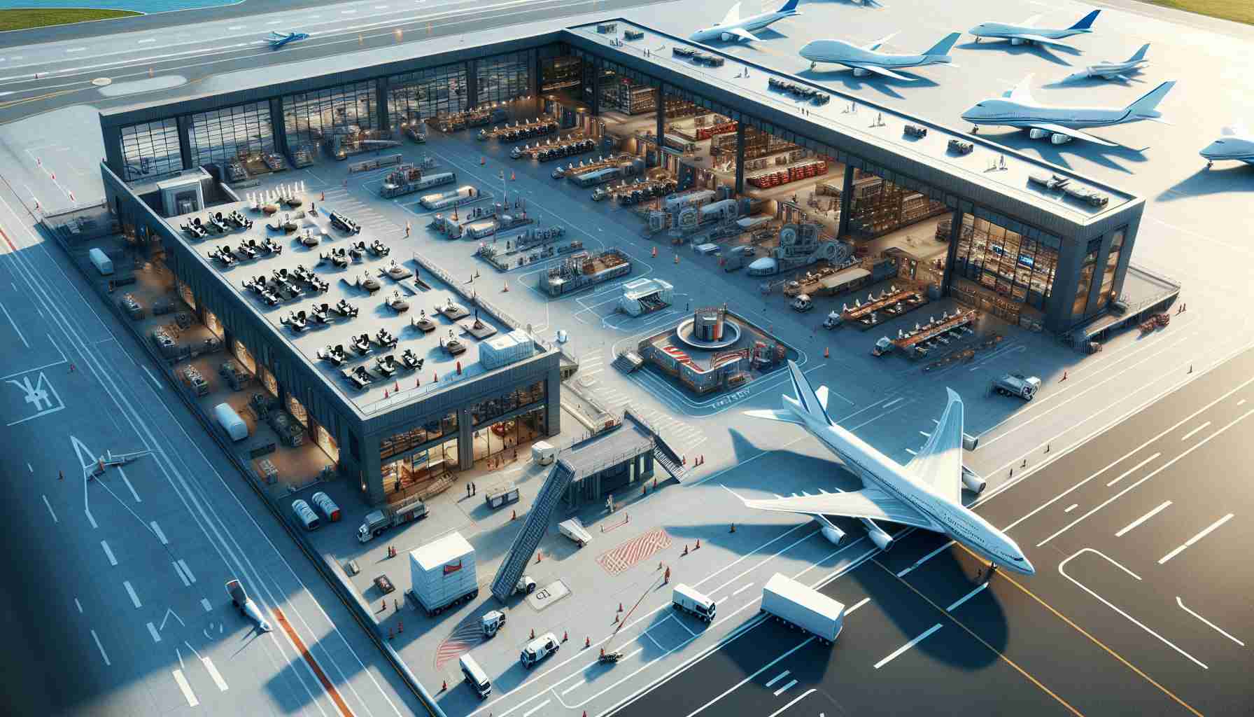 Produce a realistic HD image of an executive aircraft maintenance center located at an international airport, specifically one that could theoretically be in Beijing. The image should depict a high-tech facility with state-of-the-art equipment for maintaining and repairing aircraft. The facility should also feature spaces for executive activities like offices, briefing rooms, and rest areas. On the tarmac outside, a few aircraft in various states of maintenance, along with service vehicles and personnel going about their jobs, should be visible.