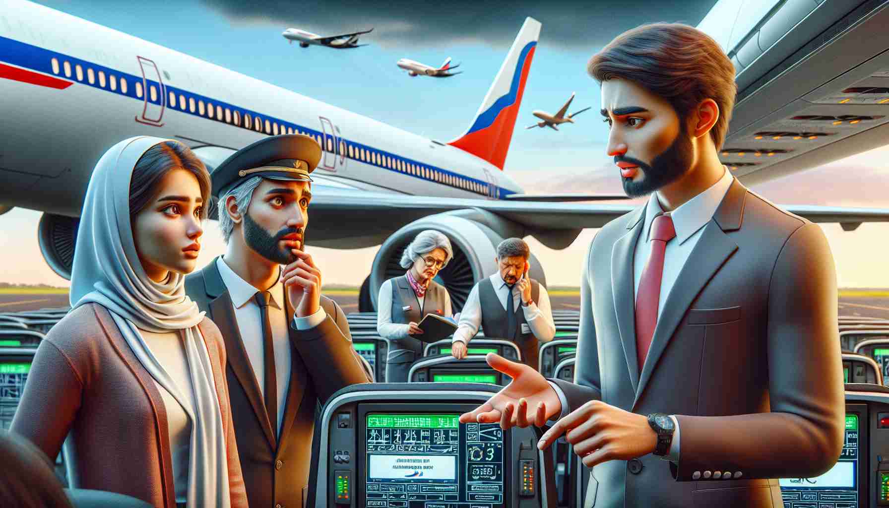 Generate an HD, realistic image that represents passengers on an airplane looking worried while the flight attendant, a middle-eastern male, tries to reassure them. In the background, a Russian airplane is parked, with engineers, a south asian female and a hispanic male, examining the fuel system with concerned expressions. There are headlines on a nearby digital news ticker displaying: 'Russian Airlines Facing Safety Concerns Amid Fuel Management Issues'.