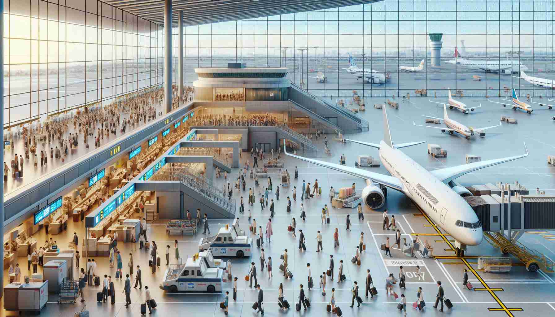 High-definition realistic image of a busy international airport resuming full operations after a brief closure. The scene includes people from various descents and genders, busy hustling around. Airplanes are docked at the terminal, ground staff is working in unison, passengers are queuing at the check-in counters and others are just arriving or leaving. Please include the details of the airport architecture, the tarmac, the runway, and the interior of the terminal, filled with shops and amenities.