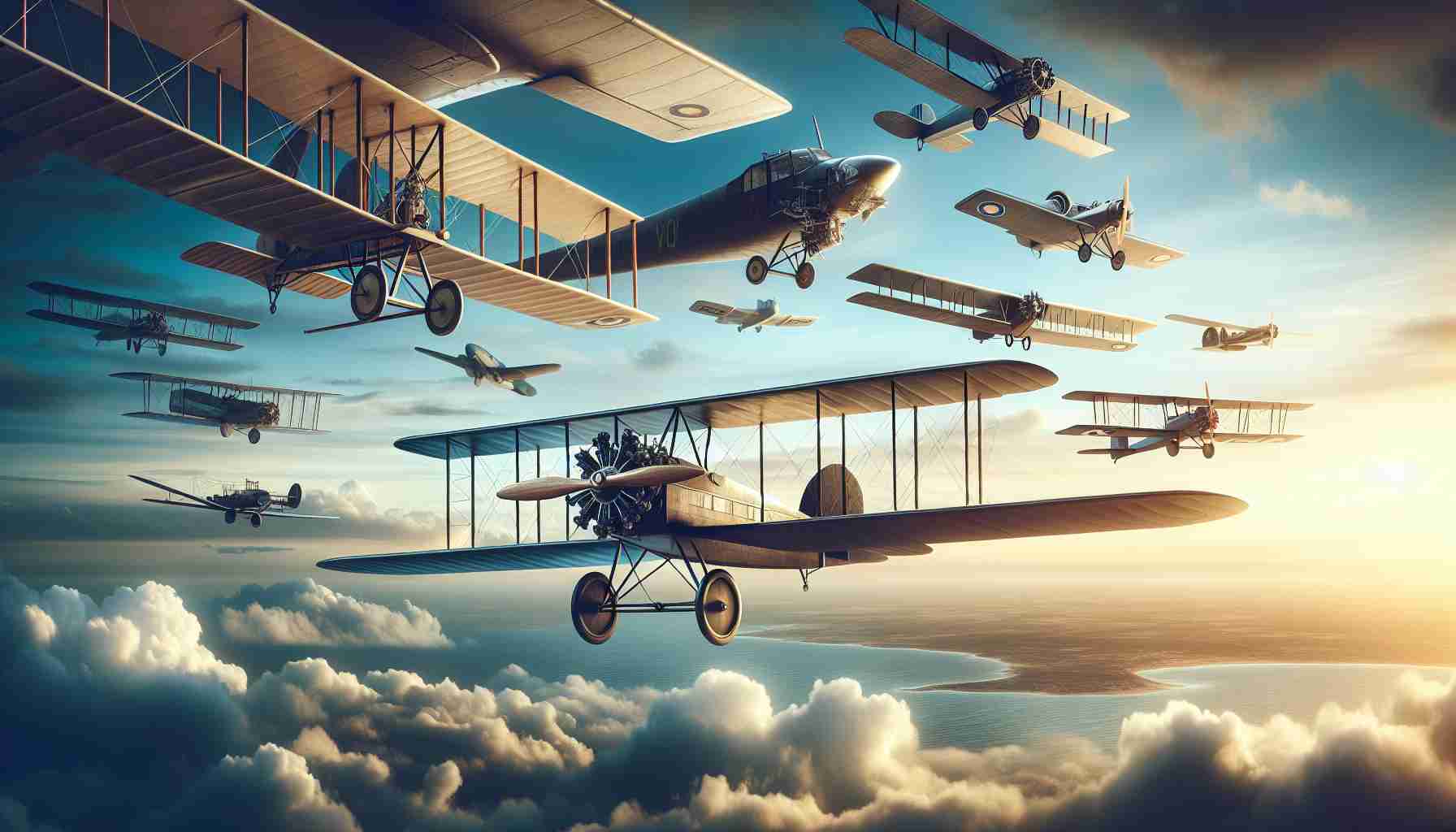 A highly detailed and realistic image portraying the rich history of aviation. The scene should contain several vintage aircraft from different eras in the early 20th century, showcasing their diversity and complexity. Some of these might include a Wright brothers' aircraft with its pioneering design and an early propeller-driven commercial airliner. These aircraft would be set against a vast blue sky, with the sun setting or rising in the background providing a beautiful contrast.