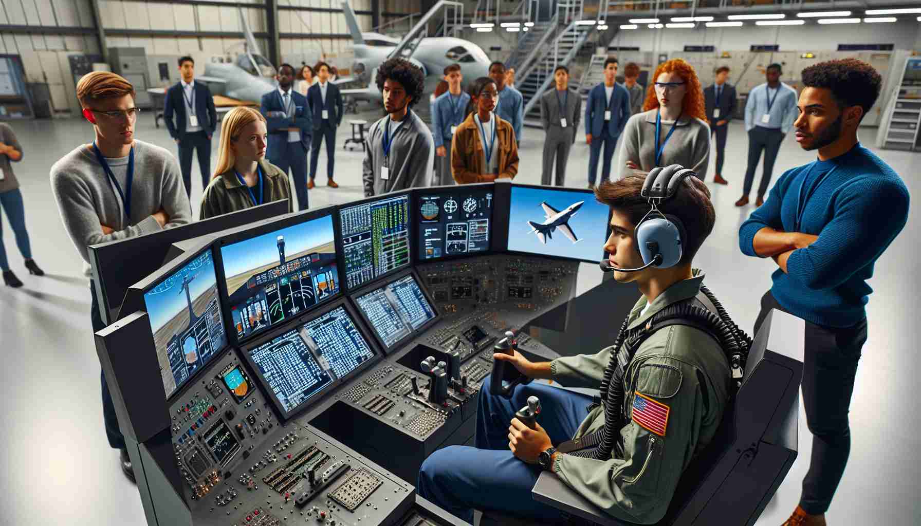 High resolution image that visualizes Florida's technological advancements in its aviation program, showing a cutting-edge flight simulator being operated by students of differing descents such as Caucasian, Black, Hispanic, Middle-Eastern, and South Asian. The simulator, equipped with state-of-the-art screens and input devices should look complex and futuristic, with students in modern flight suits and protective gear. The setting is a clean, high-tech facility: a large, bright room filled with advanced equipment and a high degree of maintenance. Other students are observing and discussing the flight simulation in the background.