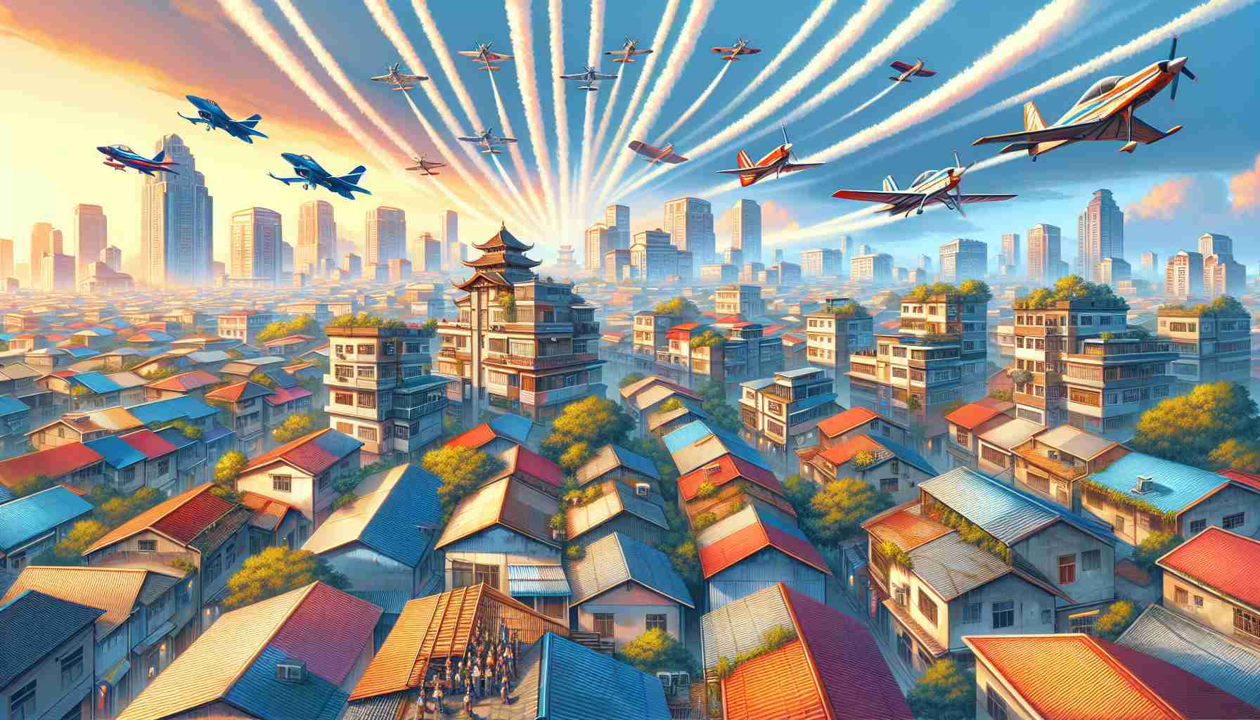 Create a high-definition image showcasing an exciting air show extravaganza in a lower township setting. The scene should depict a vibrant sky filled with various types of aircraft performing awe-inspiring stunts. The town architecture should be visually captivating with the buildings neatly arranged, showing the resident spectators their roofs and balconies, all enthralled with the spectacle above. The overall atmosphere should be that of excitement and fascination.