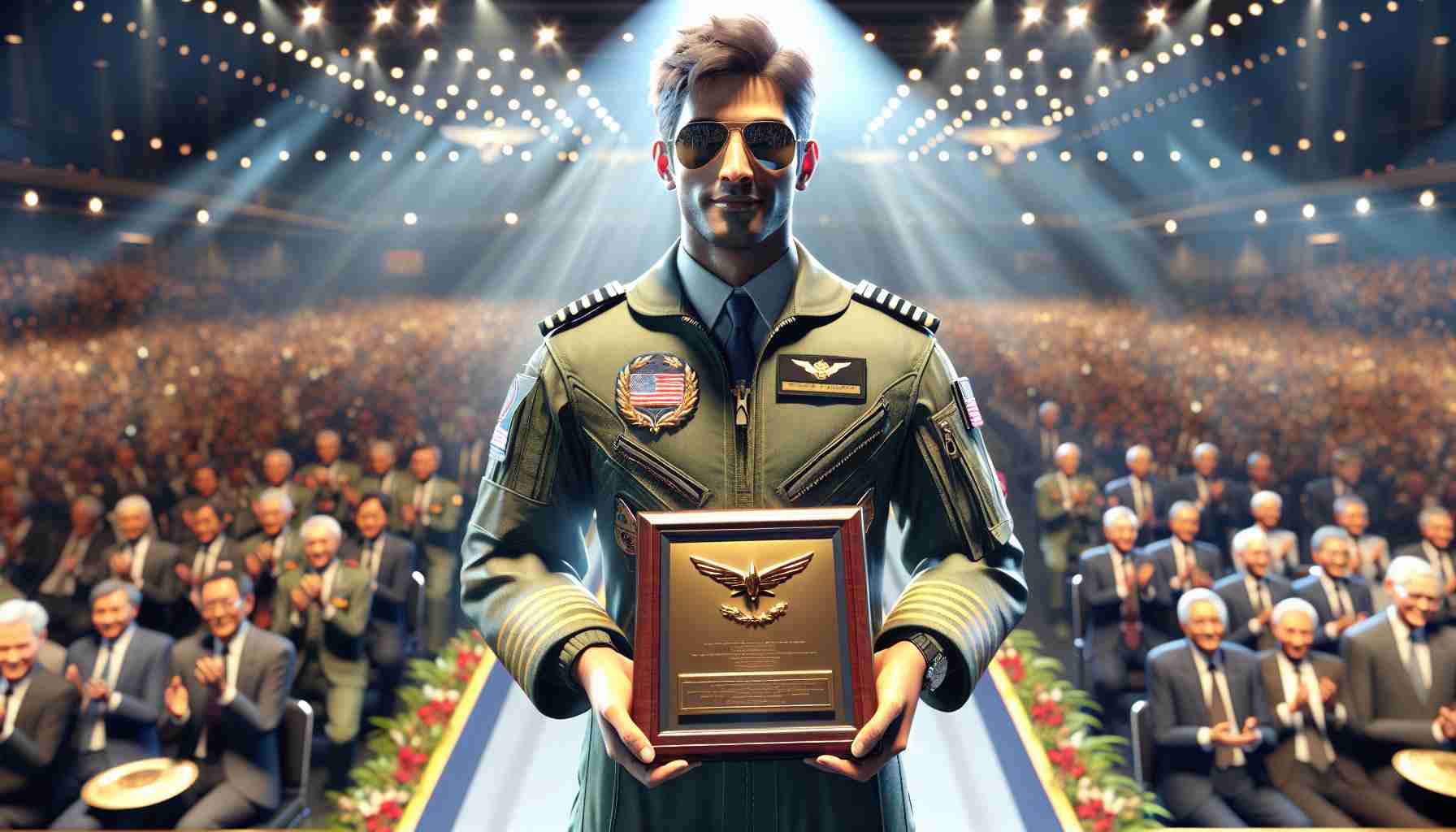 High-resolution realistic image of a highly esteemed aviator of South Asian descent with short hair, donning aviator sunglasses and a flight suit, as they receive a prestigious recognition in the form of a golden plaque. The setting is in a bustling aviation ceremony with a stage filled with adoring fans and high-ranking officials. The lighting is splendid and the aviator's expression gleams with pride and joy as they hold the plaque in their hands.