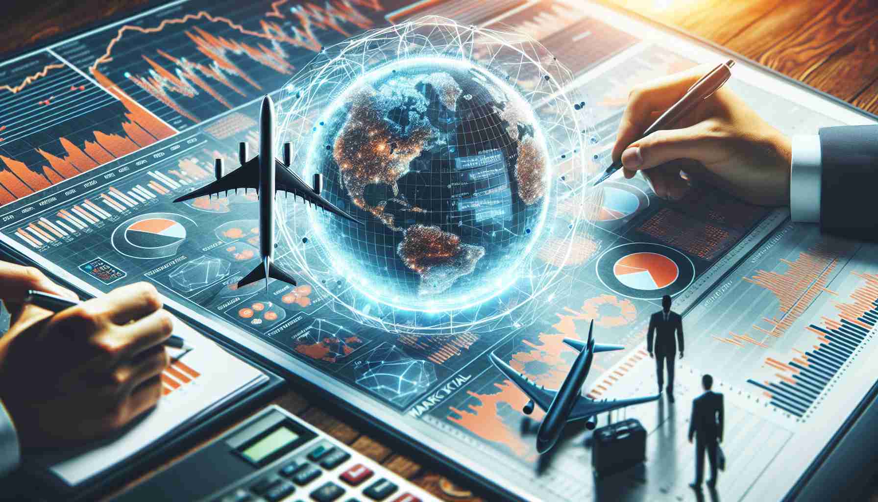 Generate a high-definition, realistic image of a comprehensive analysis of the market potential for a generic aviation company. The analysis should be visually represented with various data visualization tools such as graphs, pie charts, and tables. The focus should be on the aviation industry, with references to market size, growth projections, and competitive landscape.