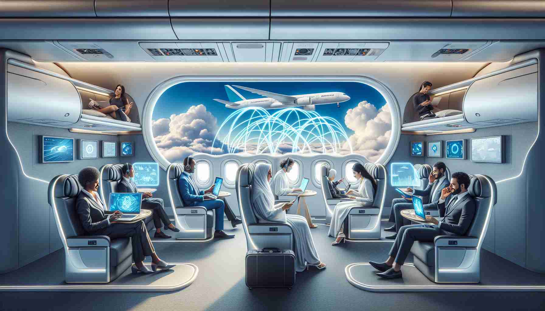 An photorealistic HD image representing the concept of revolutionizing inflight connectivity for business aviation. This should depict an airplane interior, filled with passengers. The passengers, a mix of Middle-Eastern women and Black men, are engaged in different activities using various cutting-edge devices illustrating high-speed internet connectivity. One person could be participating in a video conference on a laptop, another streaming a movie on a handheld device, and another casually surfing the internet on their phone. The overall atmosphere should be of tranquility and productivity, with the outside view showing a clear blue sky filled with fluffy white clouds.