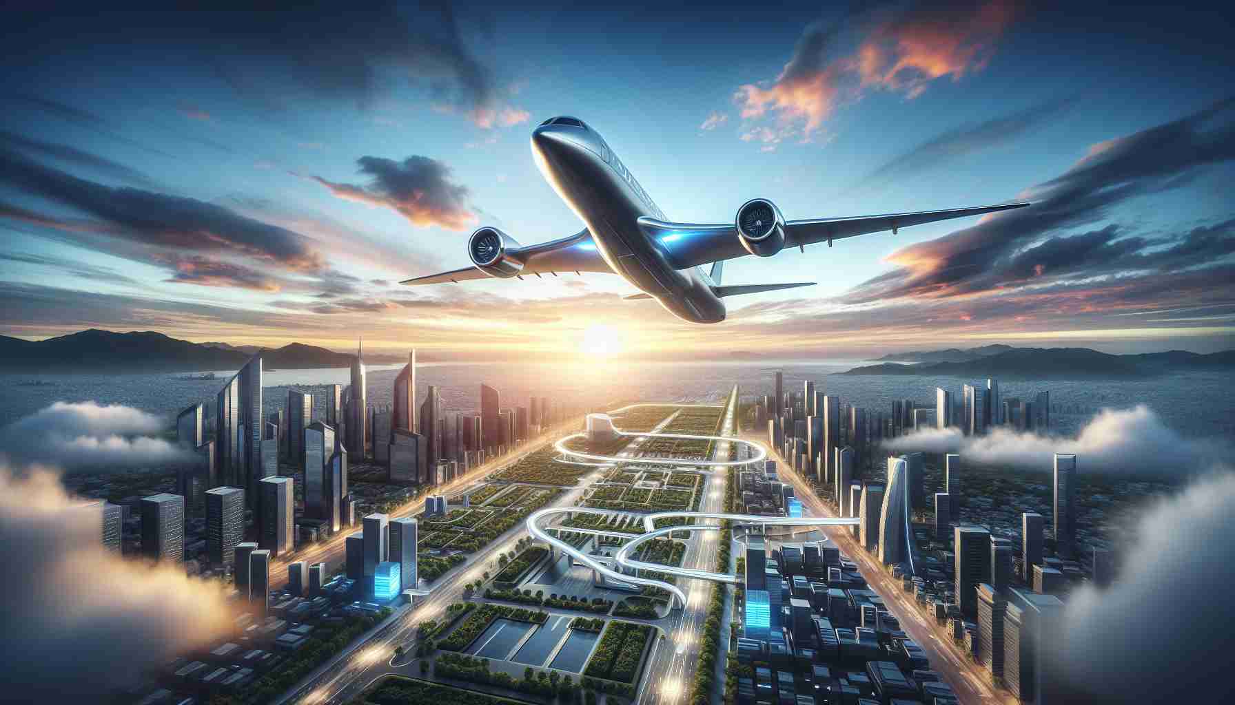 An HD quality, realistic image representing the concept of revolutionizing air mobility. This vision includes a sleek, efficient, and futuristic aircraft hovering above a well-designed city. The aircraft is built with state-of-the-art technology, demonstrating advancements in aerospace engineering. The city below reveals smart infrastructure, clean buildings, and green spaces, showcasing a balance between urban development and nature preservation. The sky is filled with sublime sunrise colors, indicating a new dawn for aviation. Make sure to keep the composition balanced and coherent to reflect the harmony between technology and environment.