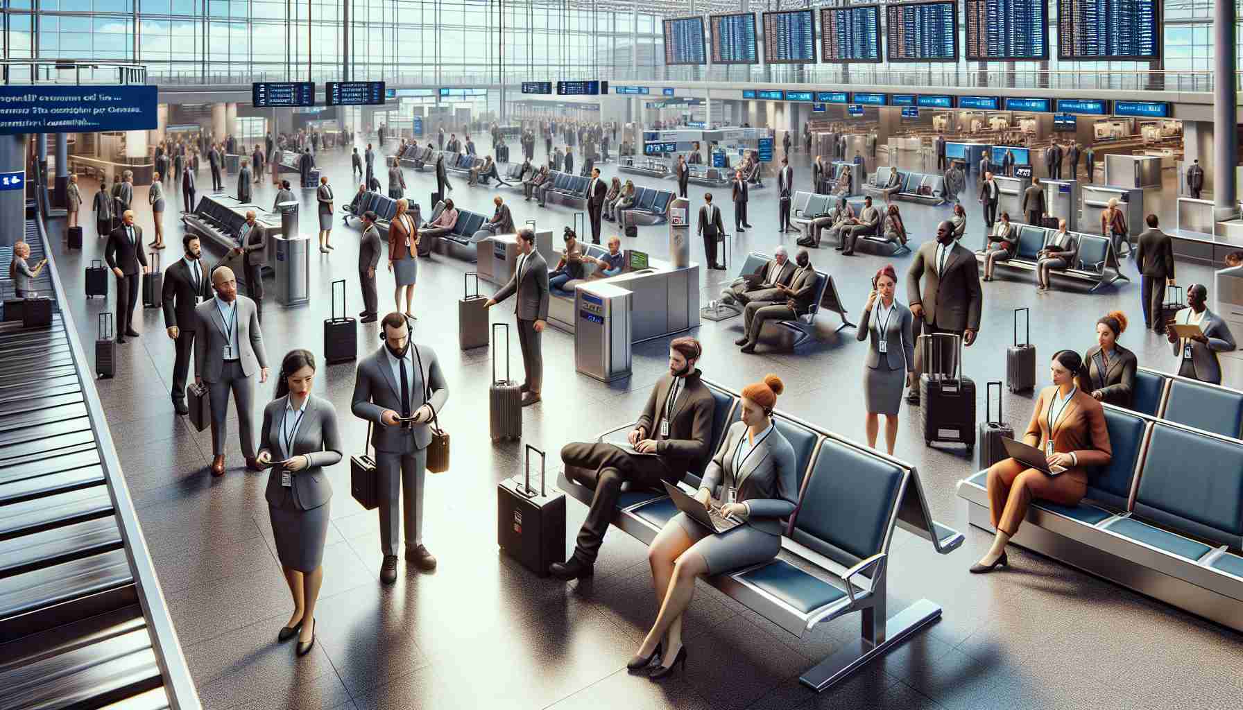 A highly detailed, realistic photo portraying the concept of transformative leadership at a generic airport setting. The image presents a thoughtfully composed scene from a bustling airport terminal. It should display individuals from various descents and genders working seamlessly as a team. Their expression and demeanor reflect the positive influence of transformative leadership. Business attire, badges, two-way radios, and work tools convey their profession. The environment is filled with signs of modern technology and operations such as computer screens, flight information boards, and luggage conveyor systems. The overall atmosphere should convey growth, efficiency, synergy, and empowerment.