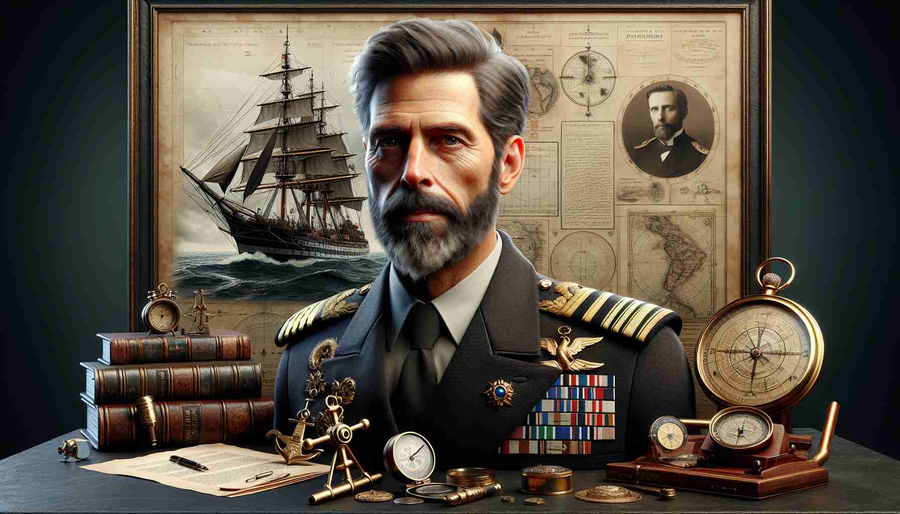 Realistic, high-definition image showcasing the legacy of a fictional nautical officer of senior rank, referred to here as Otto Enderton. Convey the rich maritime history, featuring a stately ship, nautical tools like a compass or telescope, and documents symbolizing the routes he navigated. Otto Enderton should be depicted as a middle-aged Caucasian man with a handsome, rugged face, a stern expression, wearing a naval uniform adorned with awards and decorations earned over the years.