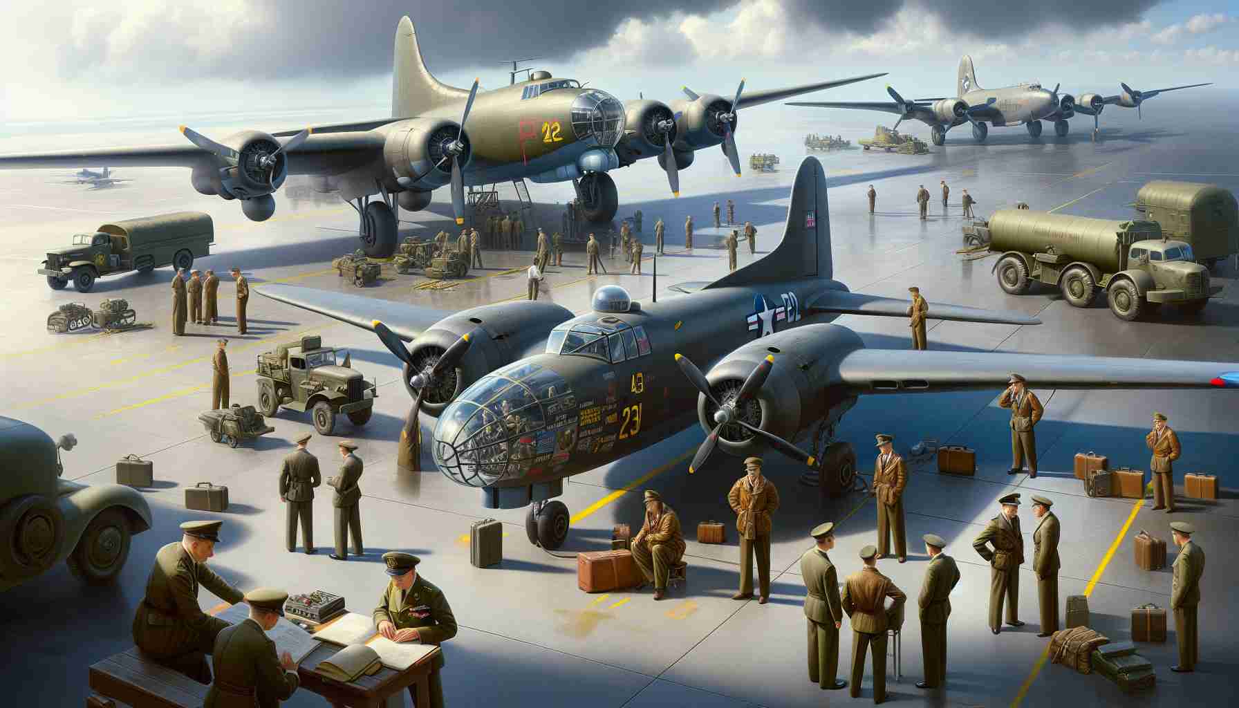 A realistic, high-definition illustration that portrays the rise of military aviation during the 1940s. Focus on the significant elements and advancements of this era like larger bombers, jet engines and radar systems. The scene could depict the ground crew preparing a plane for flight while pilots hold a briefing. Incorporate a variety of uniform styles to indicate the improved technology and diverse personnel involved during this period.