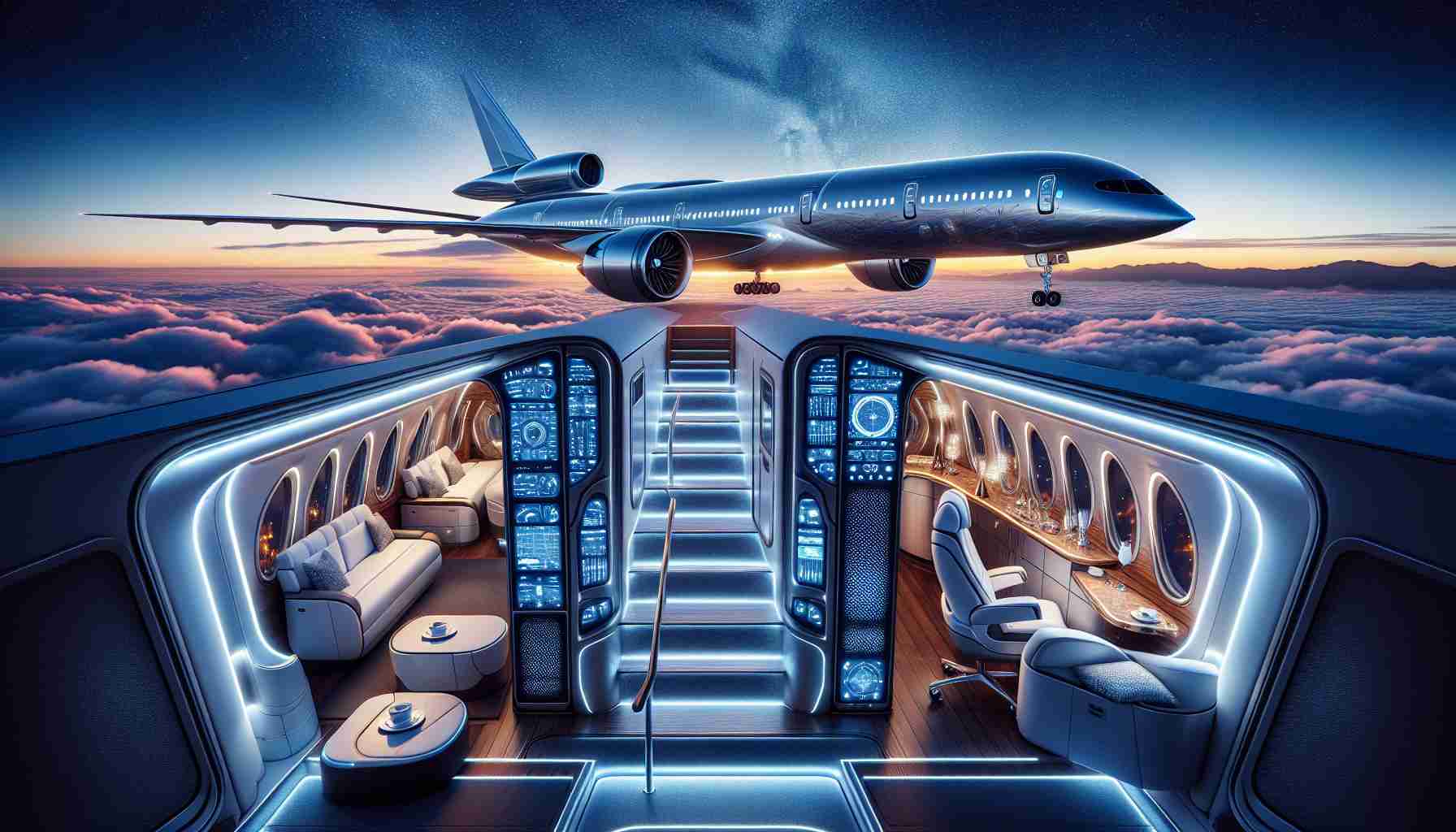 Imagine the future of luxury air travel. There is a large, sleek aircraft taking off against a stunning twilight sky. The exterior of the aircraft is futuristic, with streamlined designs and cutting-edge technology. As you step inside, you see the opulent interior showcasing plush seats, ample legroom, advanced entertainment systems, and panoramic windows offering breathtaking views of the clouds. There is also a fully-equipped bar and restaurant area, along with a dedicated space for relaxation and social interaction. Let this image shine in high-definition and realism.