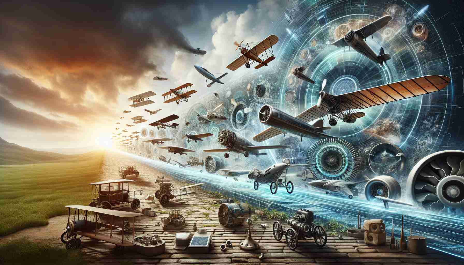 Depict a realistic, high-definition visual journey of the evolution of sustainable aviation technology. Begin with early inventions, such as gliders or primitive airplanes, in the leftmost part of the image. Progress towards the right, showing advancements including propeller planes, early jet engines, and hybrids. On the far right, envision futuristic eco-friendly technological developments tailored towards aviation, like solar or electric airplanes and cutting-edge fuel alternatives. The background could transition from a rustic ambiance to a sleek, modern day setting to dramatically illustrate the passage of time.