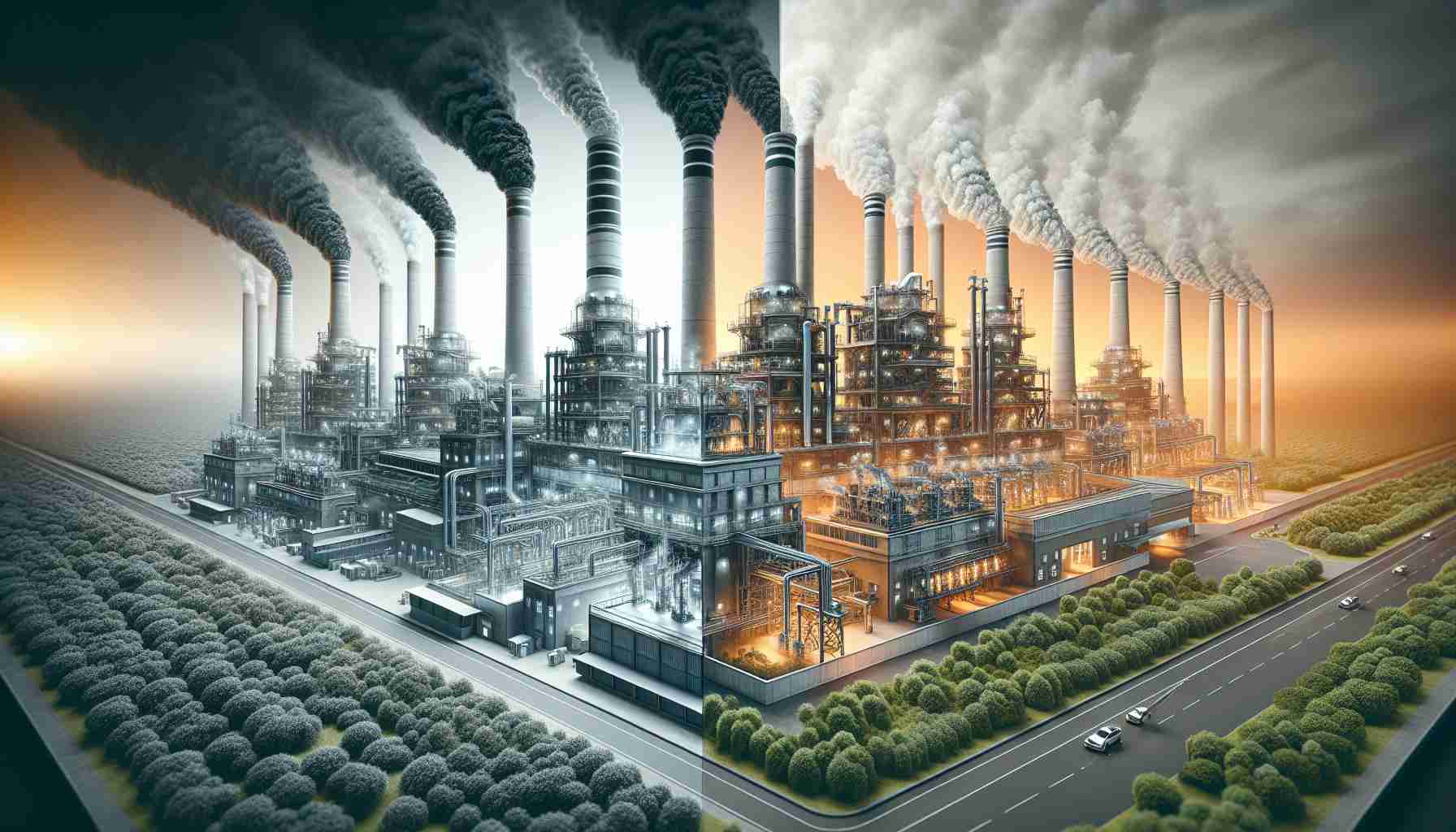 A highly detailed and realistic picture that represents the concept of revolutionizing the manufacturing industry with carbon utilization. This could feature industrial structures like factories, where carbon is being visibly utilized, with machines expelling less waste or having cleaner smokestacks. Illustrate the transformation of traditionally pollutant manufacturing practices into an eco-friendlier operation, possibly by showcasing a comparison side-by-side. One side could depict a traditional factory with darker smoke, and the other side a 'revolutionized' factory with clearly reduced pollution or even trees growing around. Don't forget to emphasize the high-definition aspect.