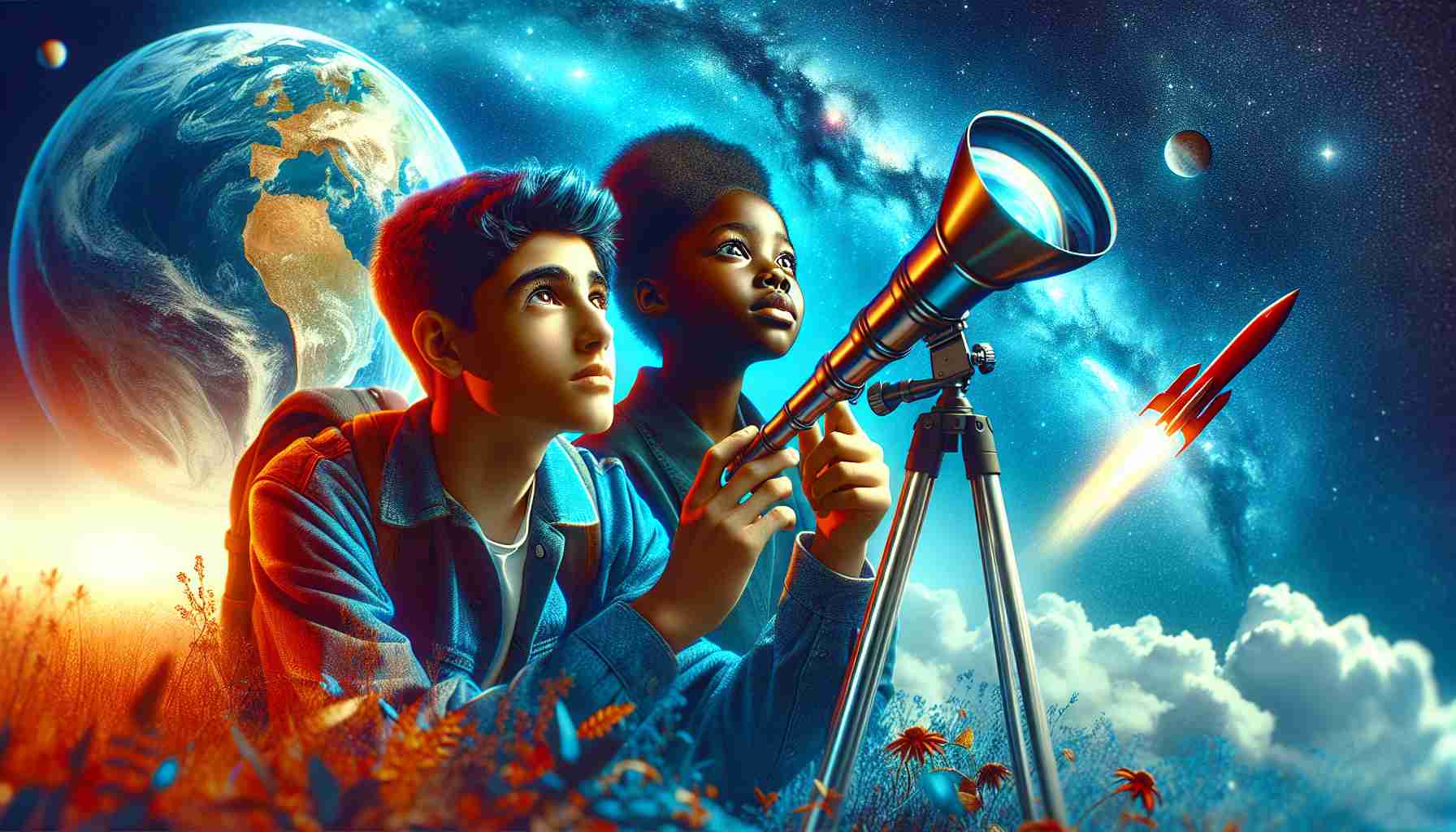 Vibrant, high-definition image that envisions the concept of 'Exploring the Skies: Youth Achieving New Heights'. Picture a breathtaking blue sky serving as a backdrop to the scene. In the foreground, a Hispanic teenage boy is curiously observing the sky through a telescope, focused on his quest for discovery. To his side, a Black teenage girl is holding a model rocket, eyes sparkling with ambition, ready to launch it towards the vast expanse above. Their expressions are a mix of determination, enthusiasm, and youthful innocence, perfectly capturing the excitement of exploration and the limitless potential of the future.