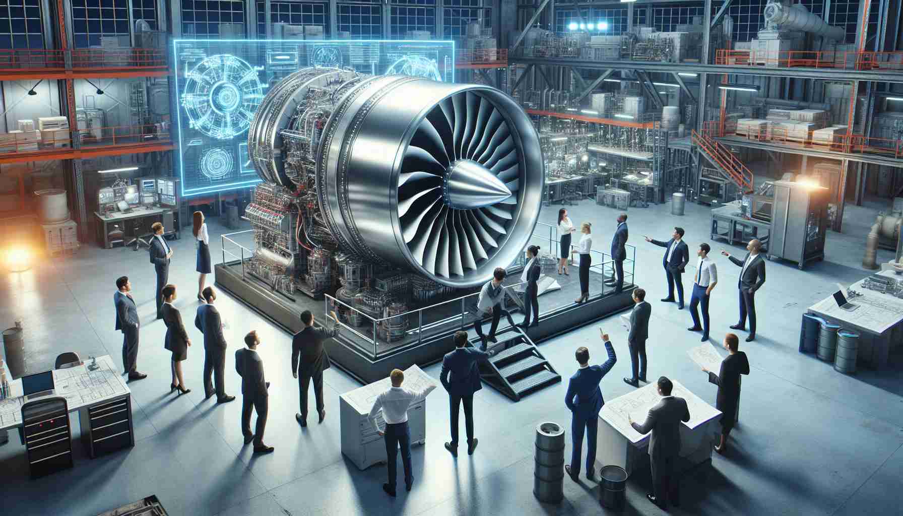 A high-definition, realistic image presenting a scene of revolutionizing the turbine engine industry. This includes a diverse group of engineers of multiple descents, genders and age groups. They are gathered around a large, innovative turbine engine design in a modern, industrial setting. In the scene, some of them are discussing plans and pointing at various parts of the engine, while others are operating sophisticated machinery. Technical diagrams are displayed on large monitors in the background, and blueprints are scattered across the workspace. The atmosphere is vibrant, filled with the promising energy of transformation and advancement.