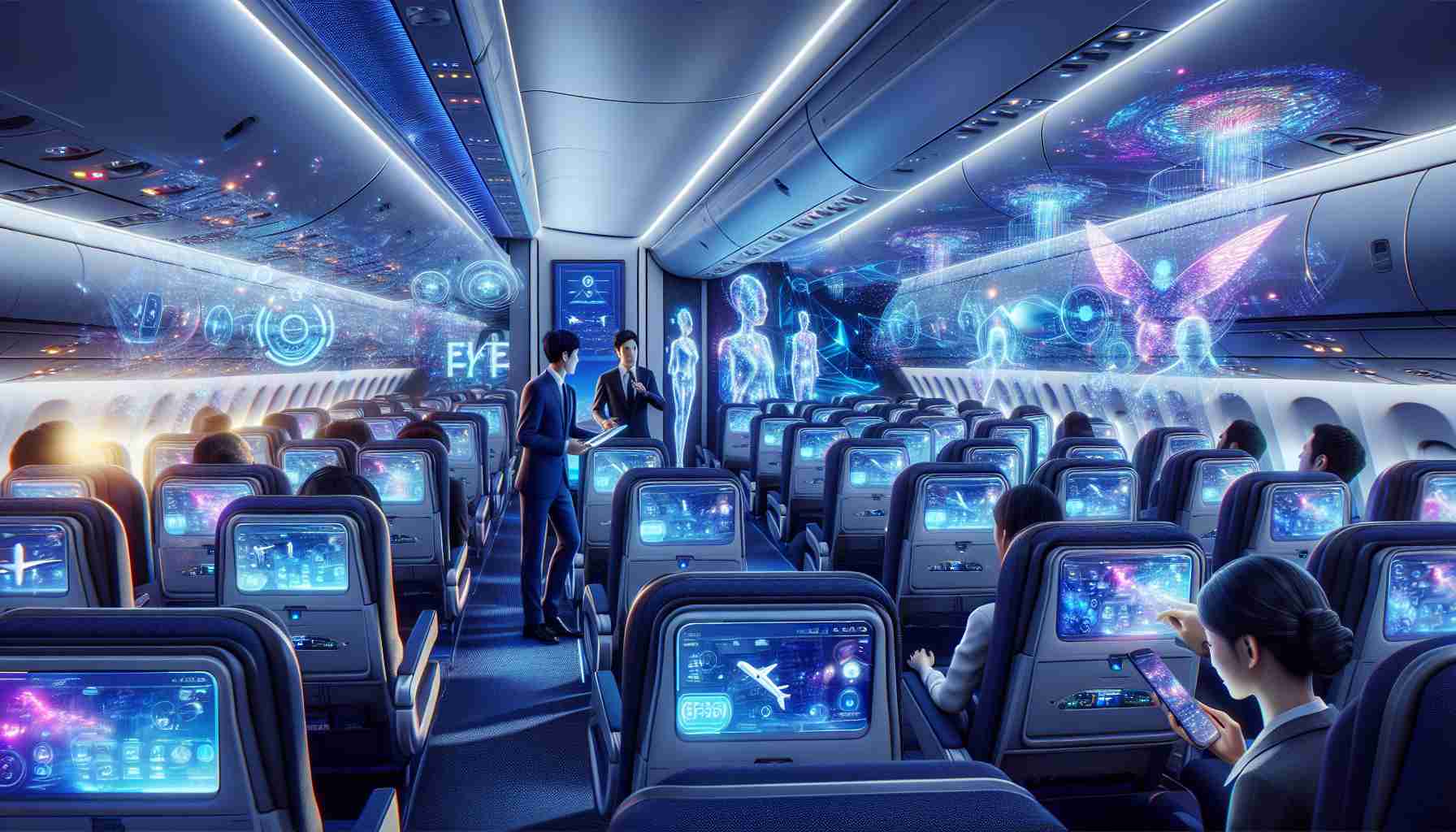 A high-definition, realistic image of Ethereal Airlines showcasing a groundbreaking digital passenger experience. The scene includes technologically advanced interactive screens embedded in the seat-backs, customers enthusiastically exploring digital interfaces, and interactive holographic flight attendants. The color palette consists of navy blue for the seats, silver for the aircraft interior, and a myriad of vibrant colors emanating from the digital screens.