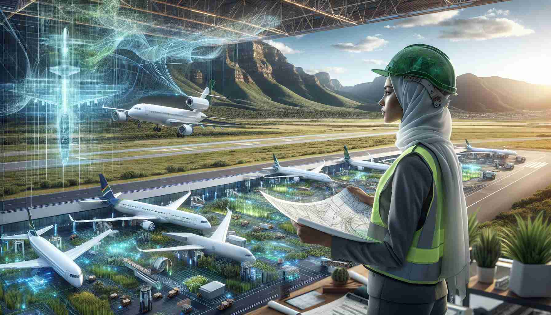 An HD-style, realistic image capturing the essence of South Africa's innovative aviation sector. The scene reveals an expansive airport with cutting-edge technology visible in its design and operations. Imagine modern airplanes that incorporate green technology, showcasing the country's commitment to sustainable evolution. In the foreground, a female Middle-Eastern engineer with safety gear is analyzing a blueprint of a new airplane design, while in the background a Caucasian male pilot is getting ready to board a plane. The landscape reflects the beauty of South Africa, with a clear blue sky and surrounding greenery.