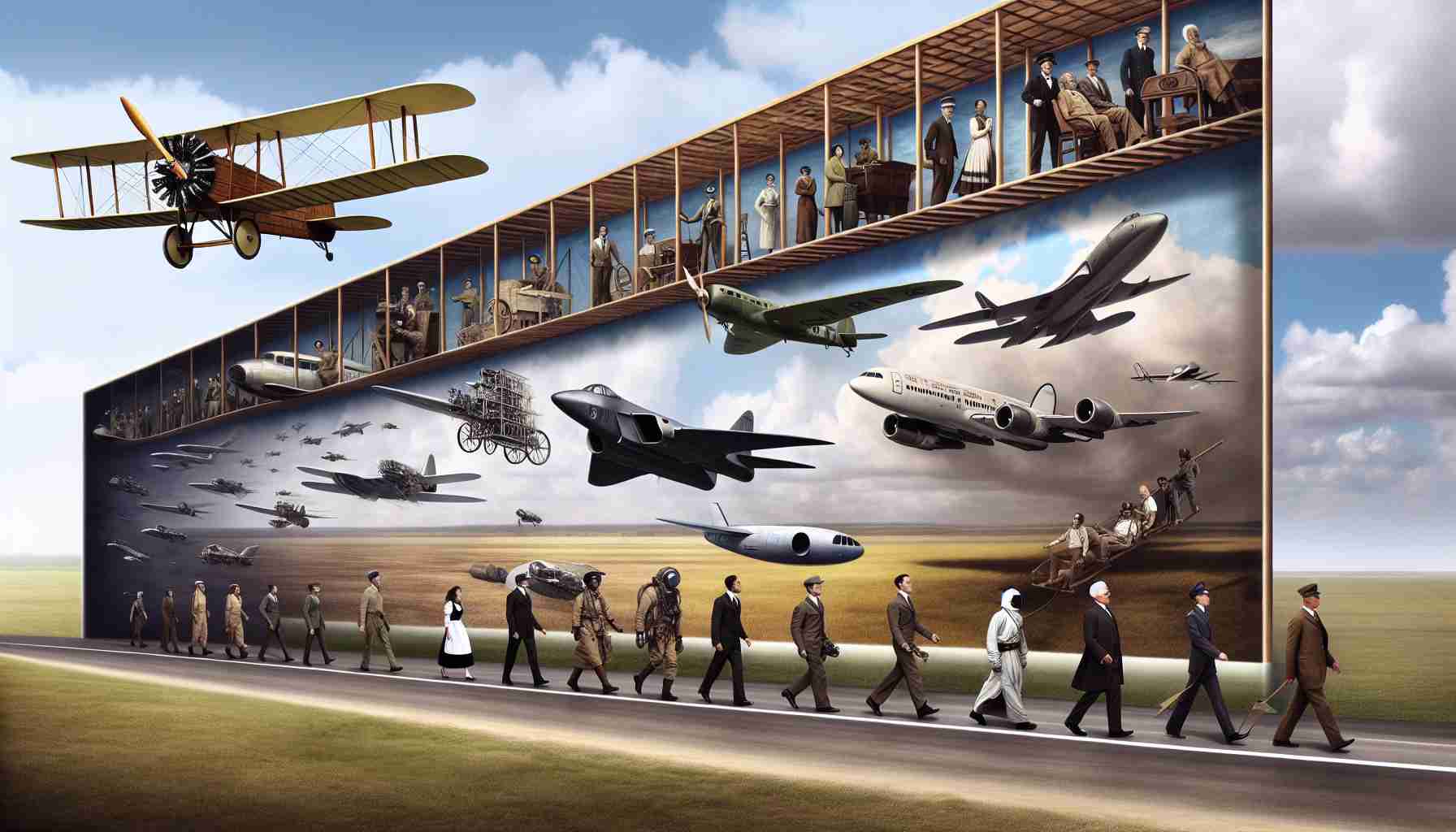 Imagine a high-definition photograph that encapsulates the historical evolution of aviation. On one side of the frame, the humble beginnings are depicted with a wooden biplane soaring over an open grass field, a tribute to the Wright Brothers' first flight, piloted by a South Asian man. Progressing through the image, the transition in technology is evident. Aircraft evolve into sleeker, more modern designs, with a Hispanic woman navigating a World War II fighter plane mid-air, a Middle-Eastern man commanding a jet airliner soaring through the clouds, and an African American woman piloting the latest technological marvel, an unmanned drone. The timeline concludes with a glimpse into the future, displaying a concept design for a next-generation spacecraft managed by a Caucasian astronaut.