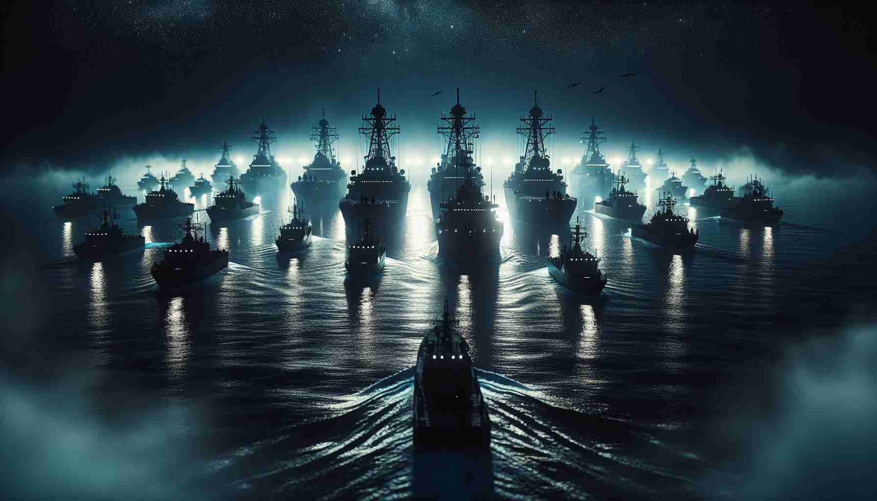 Create a highly-detailed, realistic image of a maritime fleet, silhouetted against the night sky, conducting tactical exercises over the dark waters of a sea. The vessels should be illuminated by the soft glow of their own lights, casting eerie reflections into the surrounding water. The scene should exude a sense of rigorous readiness, as the ships move in carefully synchronized patterns, displaying the discipline and precision of a well-trained fleet. The dark backdrop of the night sky should be speckled with stars, adding a touch of serene beauty to this rigorous display of naval prowess.