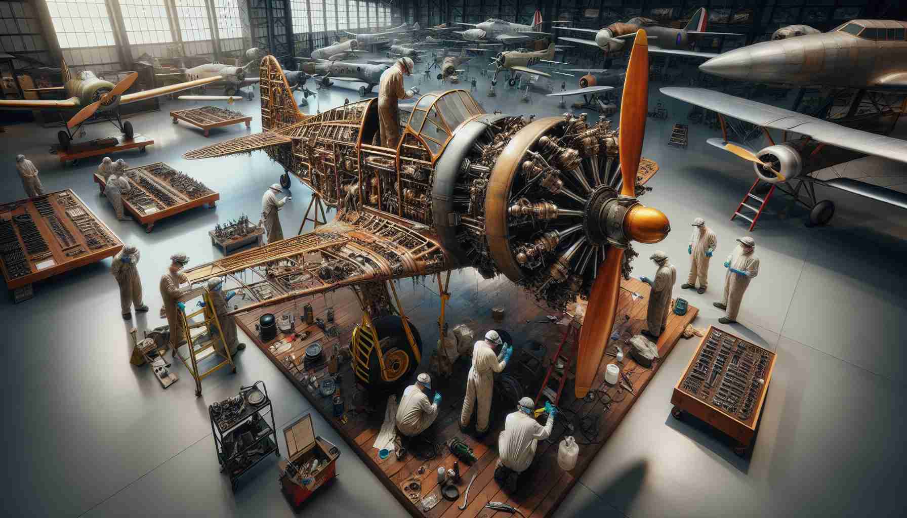 Generate a high-definition, realistic scene of ongoing preservation efforts at a museum dedicated to aviation history. Showcase the intricate detail of antique aircraft being restored. Workers wearing safety gear are meticulously cleaning and repairing various parts of the airplanes. Shiny wooden propellers, faded fabric wings, and old jet engines are carefully treated to prevent further decay. The museum backdrop is filled with display of numerous aircraft models from early aviation history to more recent designs.